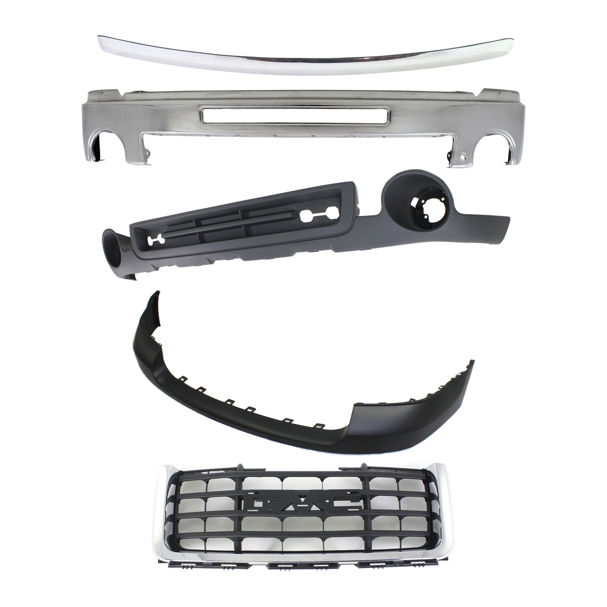 AM SIERRA 2500-3500 HD FRONT BUMPER 5 pc kit w Grille Assembly Bumper Cover Valance and Hood Molding SKU KIT 072924 C1664 Partslink GM1002834 GM1000873 GM1200613 GM1235109 GM1092218 OEM 15902856-25783597-25825523-103