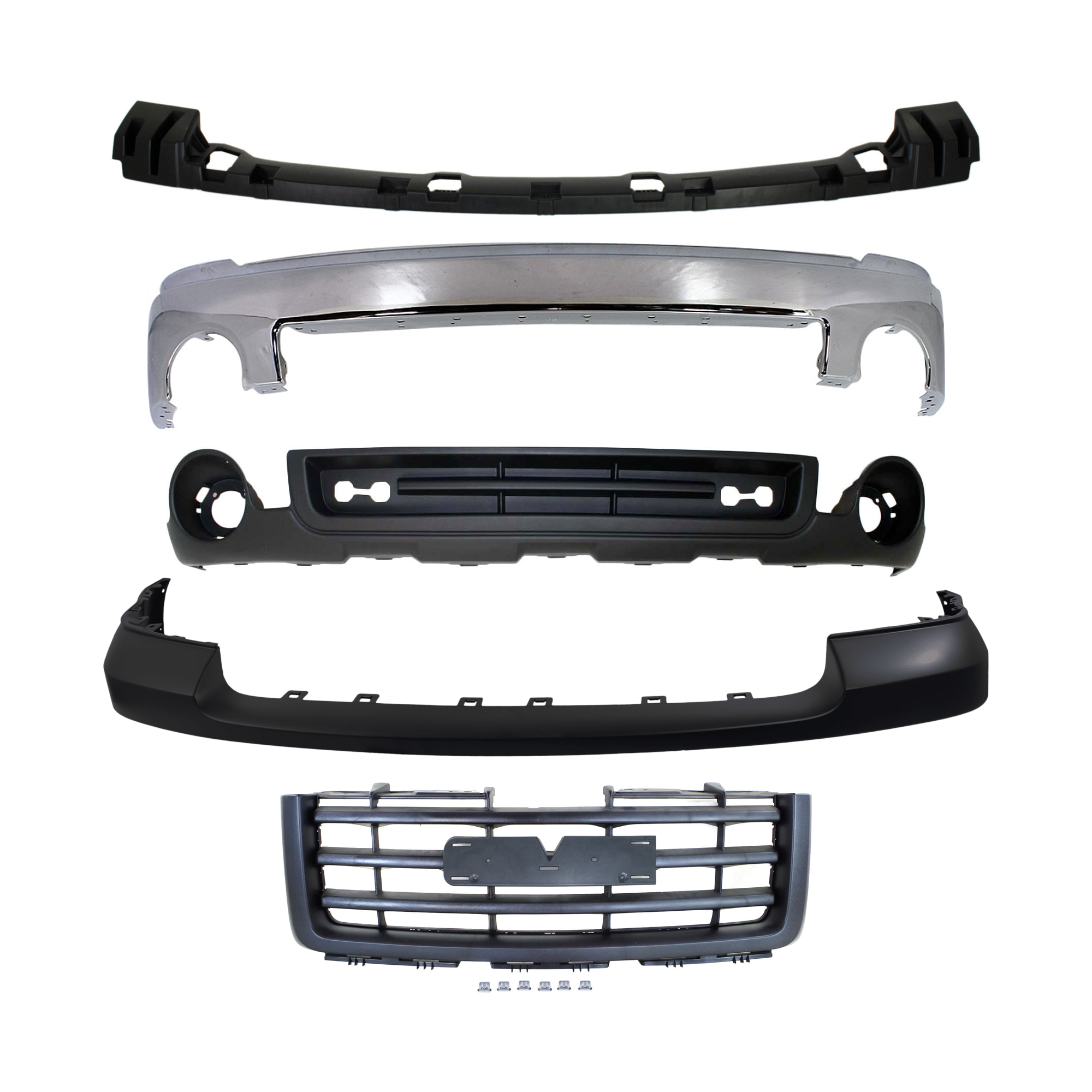 AM SIERRA 1500-07-13 FRONT BUMPER 5 pc kit w Grille Assembly Bumper Cover Bumper Bracket and Valance SKU KIT 072924 C1665 Partslink GM1002833 GM1065108 GM1014103 GM1200583 GM1015100 OEM 15901505-15246822-25783617-227