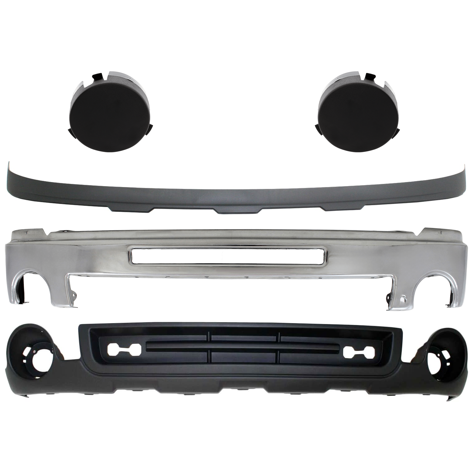 AM SIERRA 1500-07-13 FRONT BUMPER 5 pc kit w Valance and Fog Light Cover SKU KIT 072924 C1671 Partslink GM1002834 GM1038105 GM1039105 GM1092211 GM1015100 OEM 15902856-15901586-15901587-159