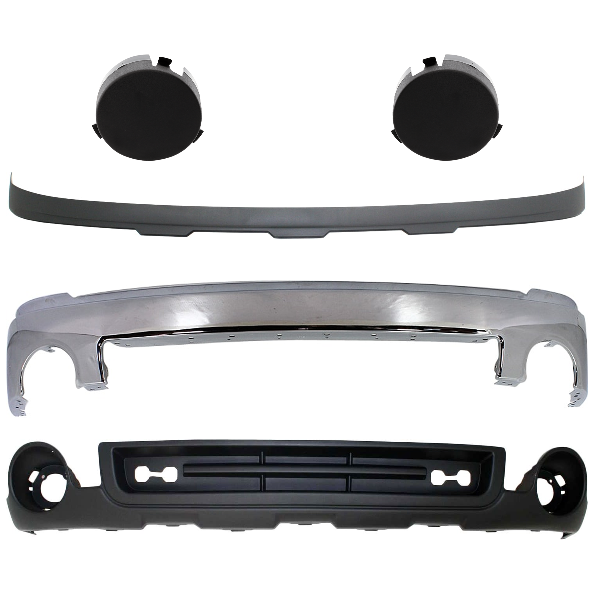 AM SIERRA 1500-07-13 FRONT BUMPER 5 pc kit w Valance and Fog Light Cover SKU KIT 072924 C1672 Partslink GM1002833 GM1038105 GM1039105 GM1092211 GM1015100 OEM 15901505-15901586-15901587-159