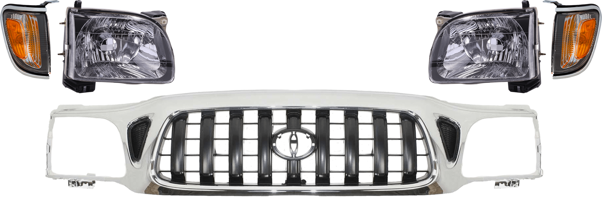 AM TACOMA 01-04 GRILLE 5 pc Kit Chrome Shell Painted Dark Gray Insert w o S Runner Model 4WD SKU KIT 072924 C1704 Partslink TO1200248 TO2520161 TO2521161 TO2503136 TO2502136 OEM 5310004240-8162004080-81610040