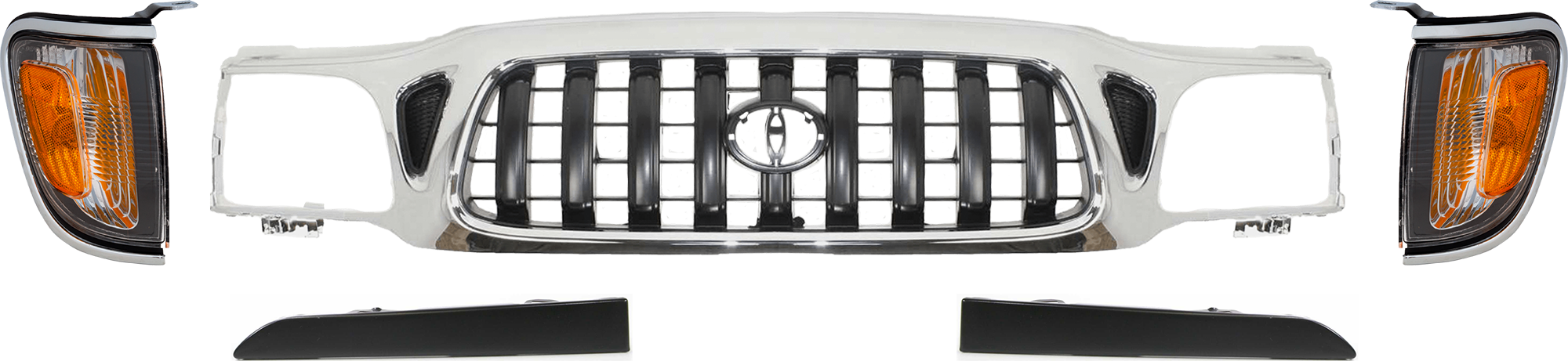 AM TACOMA 01-04 GRILLE 5 pc Kit Chrome Shell Painted Dark Gray Insert w o S Runner Model 4WD SKU KIT 072924 C1705 Partslink TO1200248 TO2521161 TO2520161 TO1089108 TO1088108 OEM 5310004240-8161004080-81620040