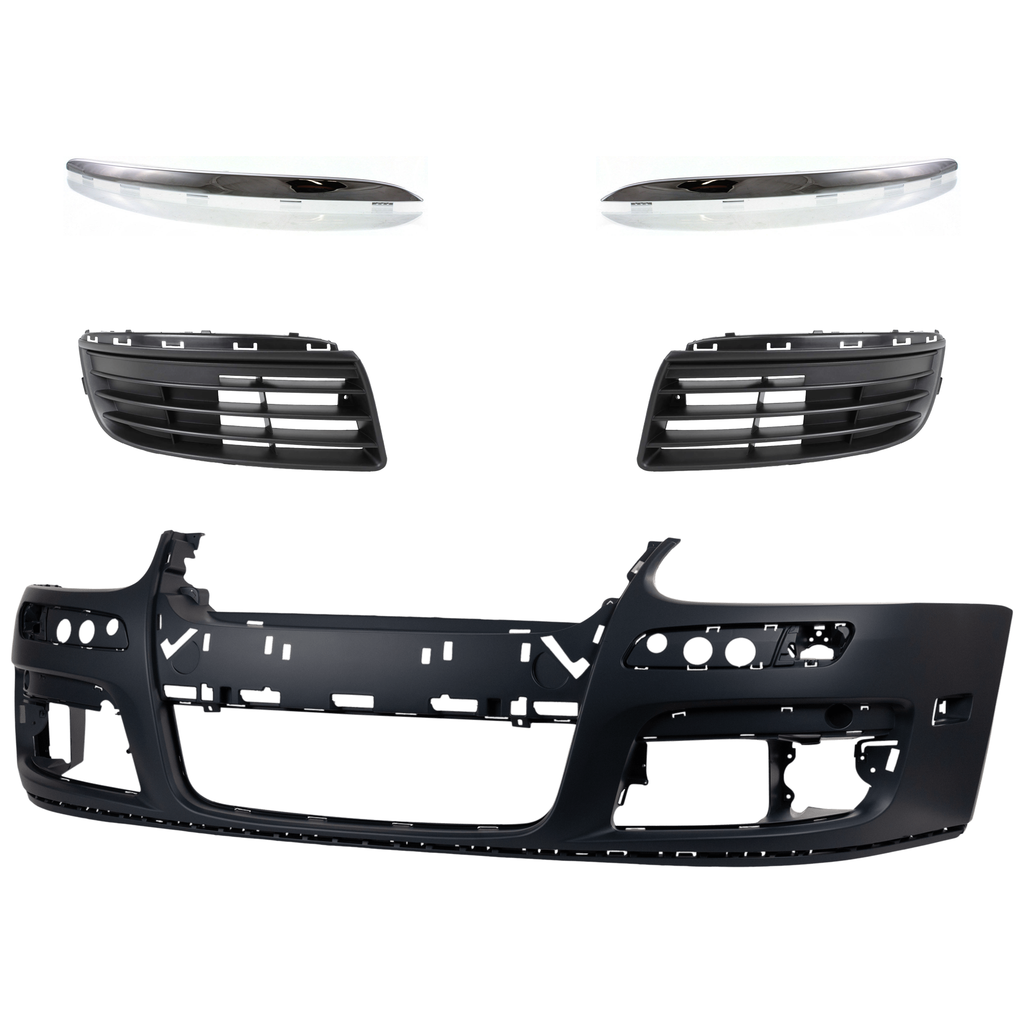 AM JETTA 05-10 FRONT BUMPER COVER Primed 5 pc Kit with Bumper Grille and Bumper Trim SKU KIT 072924 C1715 Partslink VW1000161 VW1036107 VW1036108 VW1213100 VW1212100 OEM 1K0807217AGRU 1K0853666F9B9-1K
