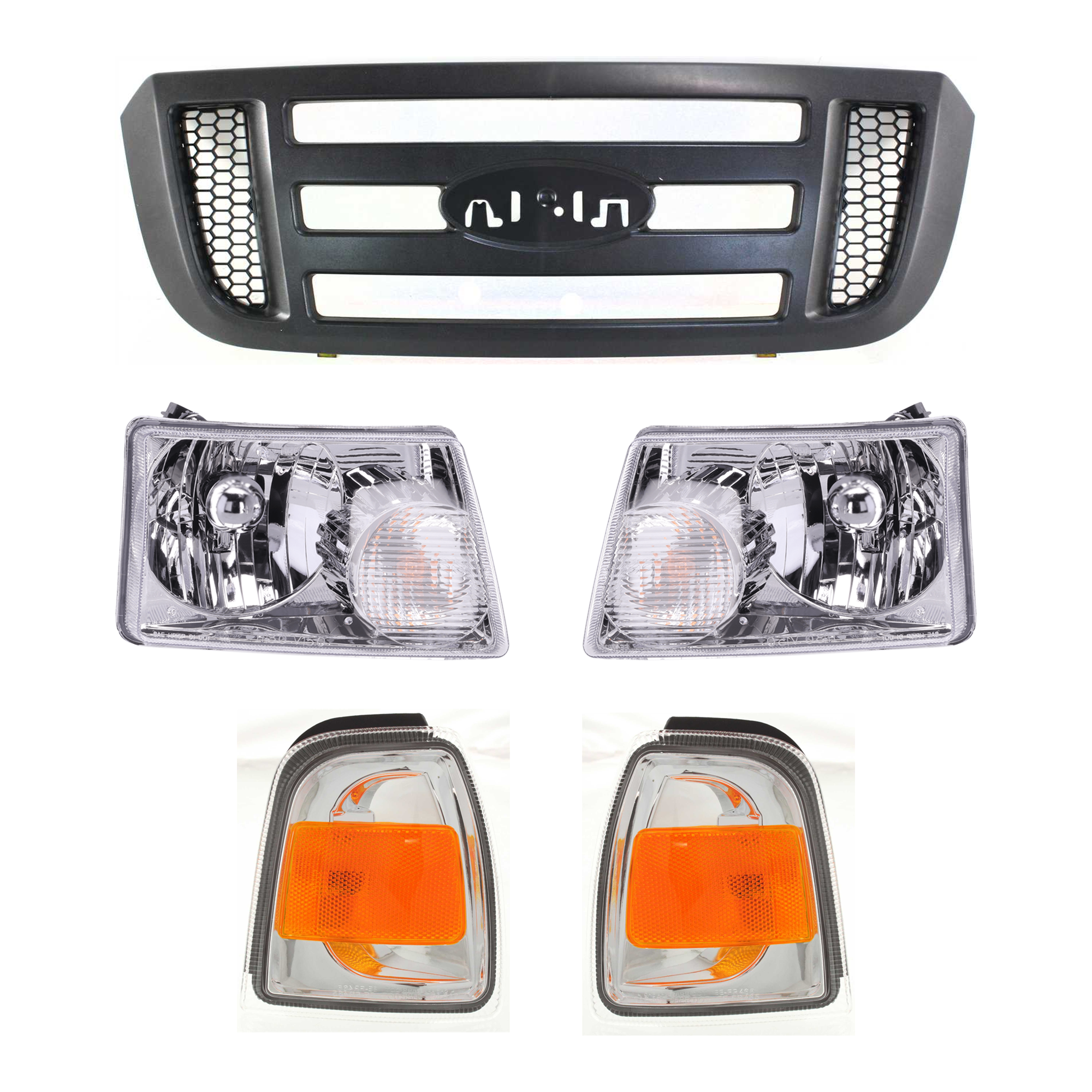 AM RANGER 06-11 GRILLE 5 pc Kit Textured Dark Gray Shell w Black Inner Grille XL XLT Models w o STX Model SKU KIT 072924 C1995 Partslink FO2530171 FO2531171 FO2503173 FO2502173 OEM 6L5Z8200BAC 6L5Z15A201BA 6L5Z1