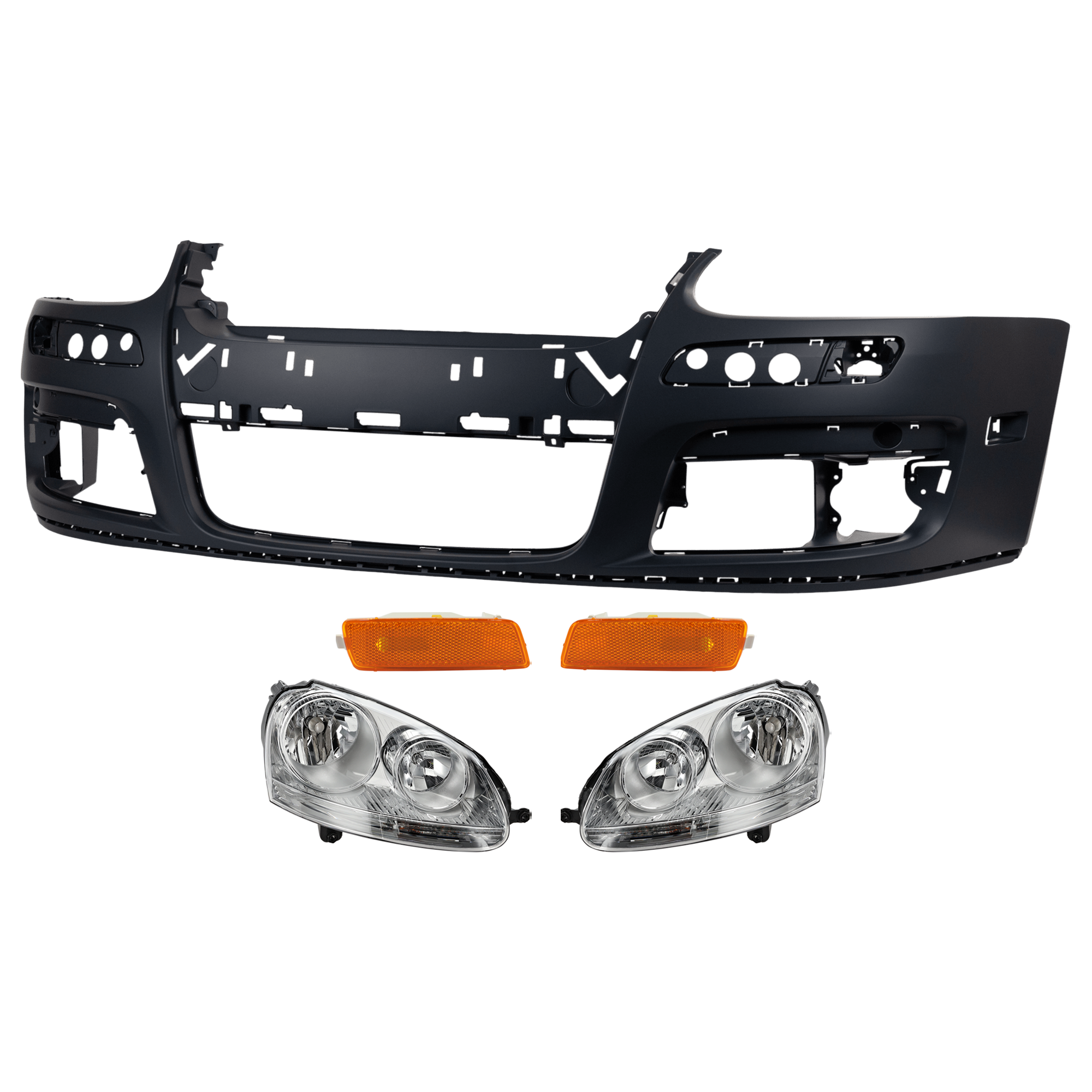 AM JETTA 06-10 HEAD LAMP RH AND LH 5 pc kit Assembly Halogen with Bumper Cover and Side Marker SKU KIT 072924 C1998 Partslink VW2502127 VW2503127 VW1000161 VW2530108 VW2531108 OEM 1K6941005S 1K6941006S 1K080721