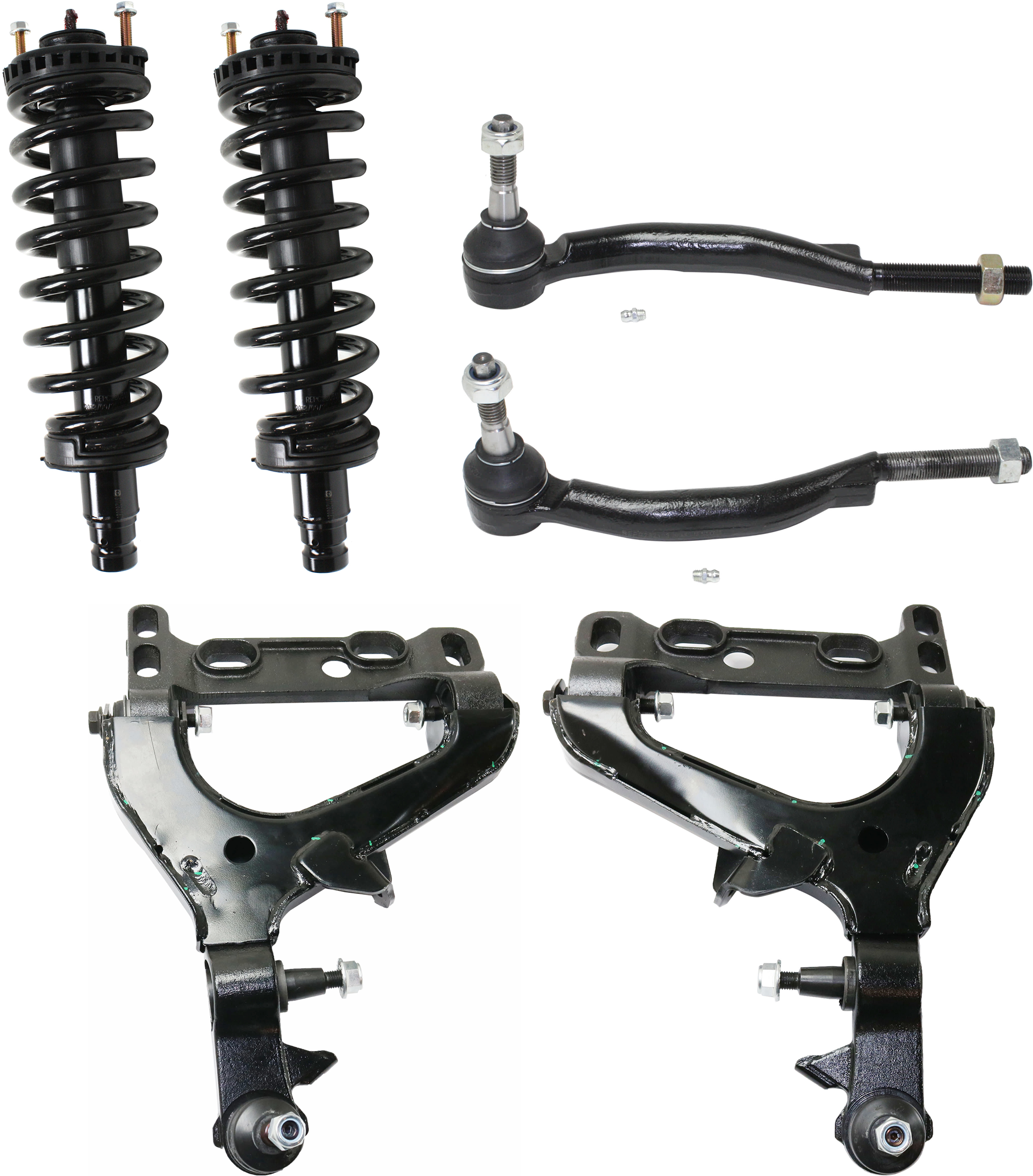AM ASCENDER 04-08 FRONT CONTROL ARM RH AND LH 6 pc kit with Loaded Struts and Tie Rod Ends SKU KIT 072924 C2043 OEM 19133555-19133556-15098725-150