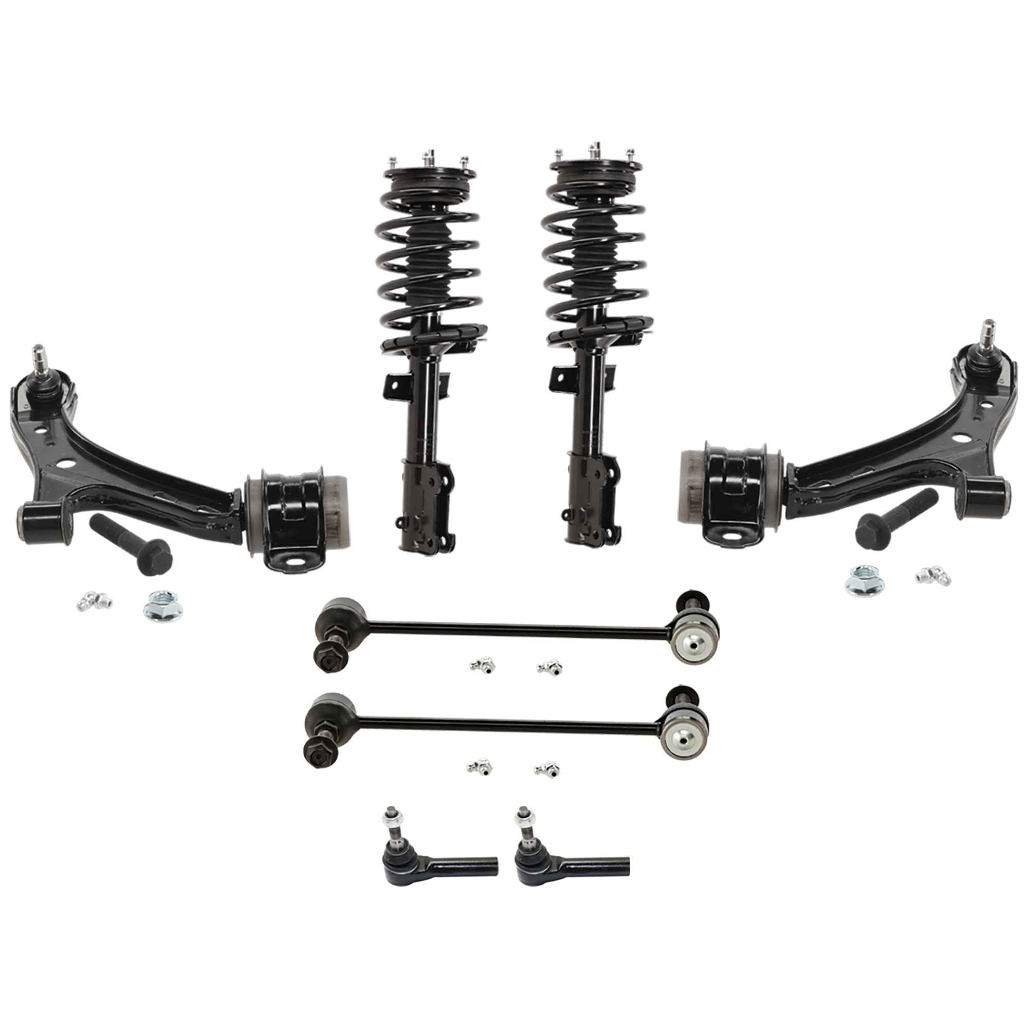 AM MUSTANG 05-10 FRONT FULLY LOADED STRUT RH AND LH 8 pc kit with Control Arms Sway Bar Links and Tie Rod Ends SKU KIT 072924 C2060 OEM 172138-182138-811212-133234
