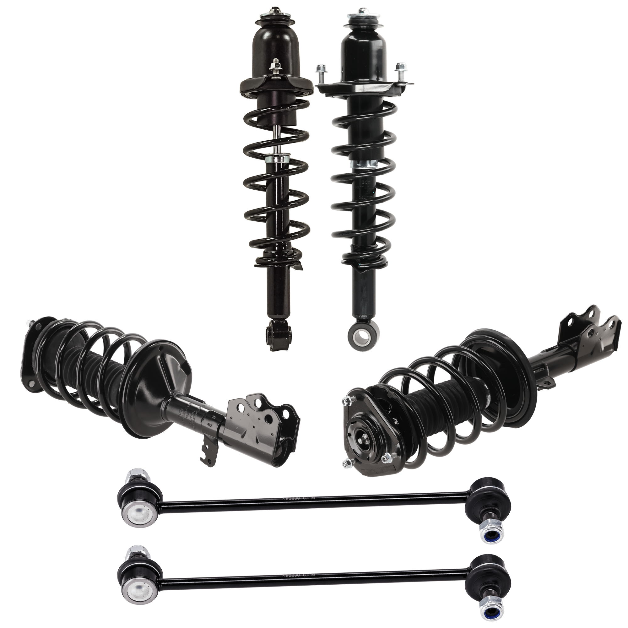AM PRIUS 04-09 FRONT AND REAR FULLY LOADED STRUT RH AND LH 6 pc Kit with Sway Bar Link SKU KIT 072924 C2071 OEM 15373-1345378L 4852049585-4851