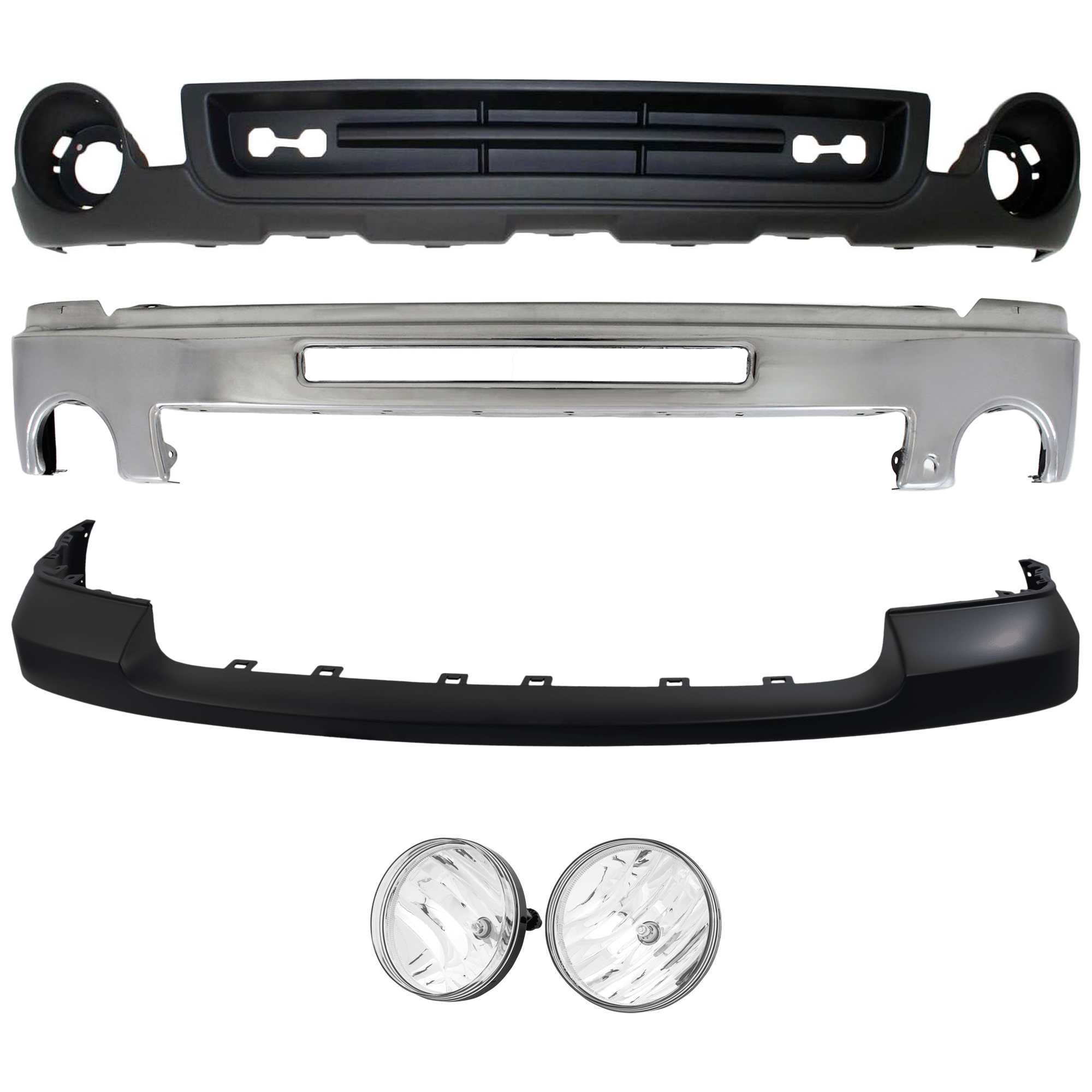 AM SIERRA 1500-07-13 FRONT BUMPER 5 pc kit w Bumper Cover Fog Light and Valance SKU KIT 072924 C2082 Partslink GM1002834 GM1014103 GM2593161 GM2592161 GM1015100 OEM 15902856-25783617-25866496-258