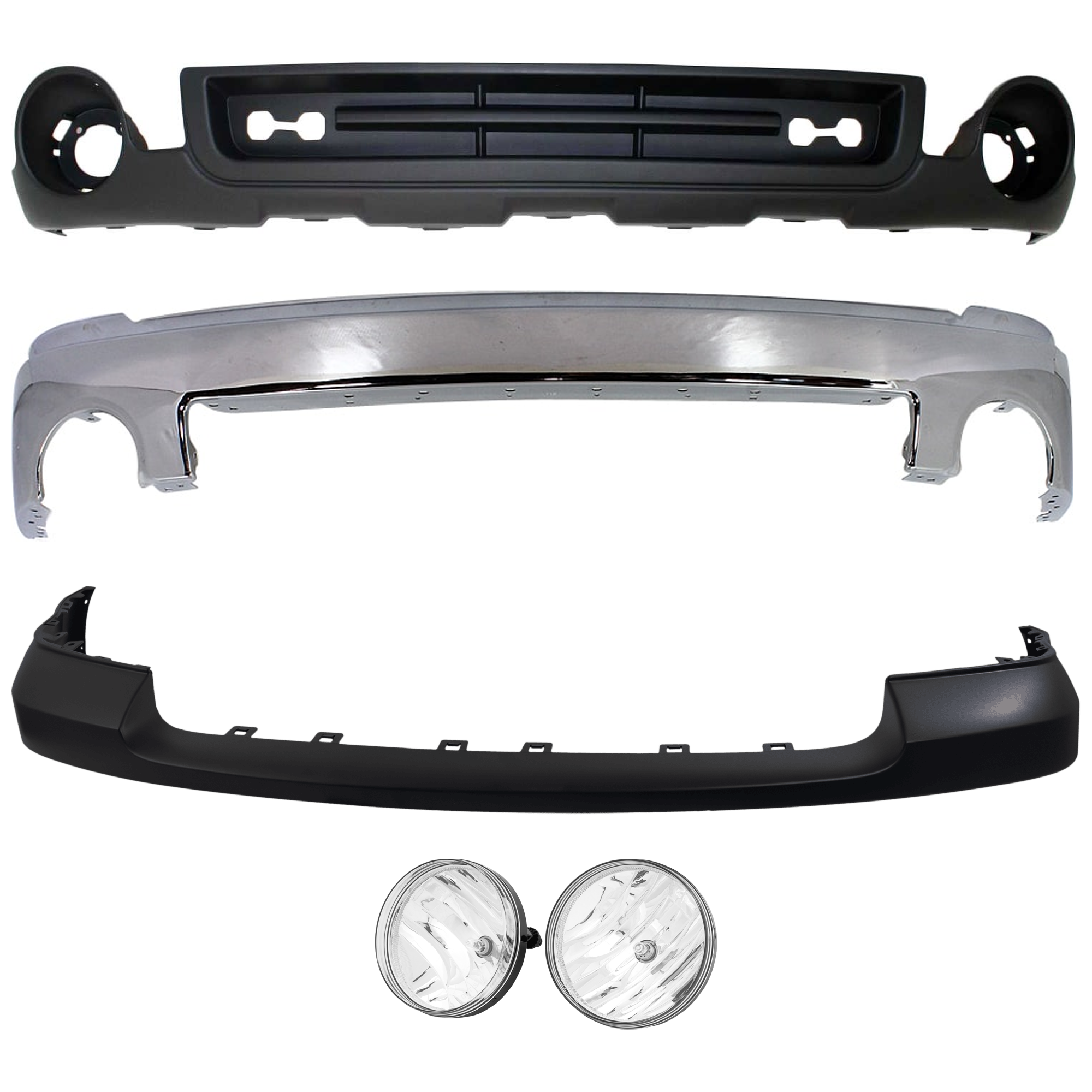 AM SIERRA 1500-07-13 FRONT BUMPER 5 pc kit w Bumper Cover Fog Light and Valance SKU KIT 072924 C2083 Partslink GM1002833 GM1014103 GM2593161 GM2592161 GM1015100 OEM 15901505-25783617-25866496-258