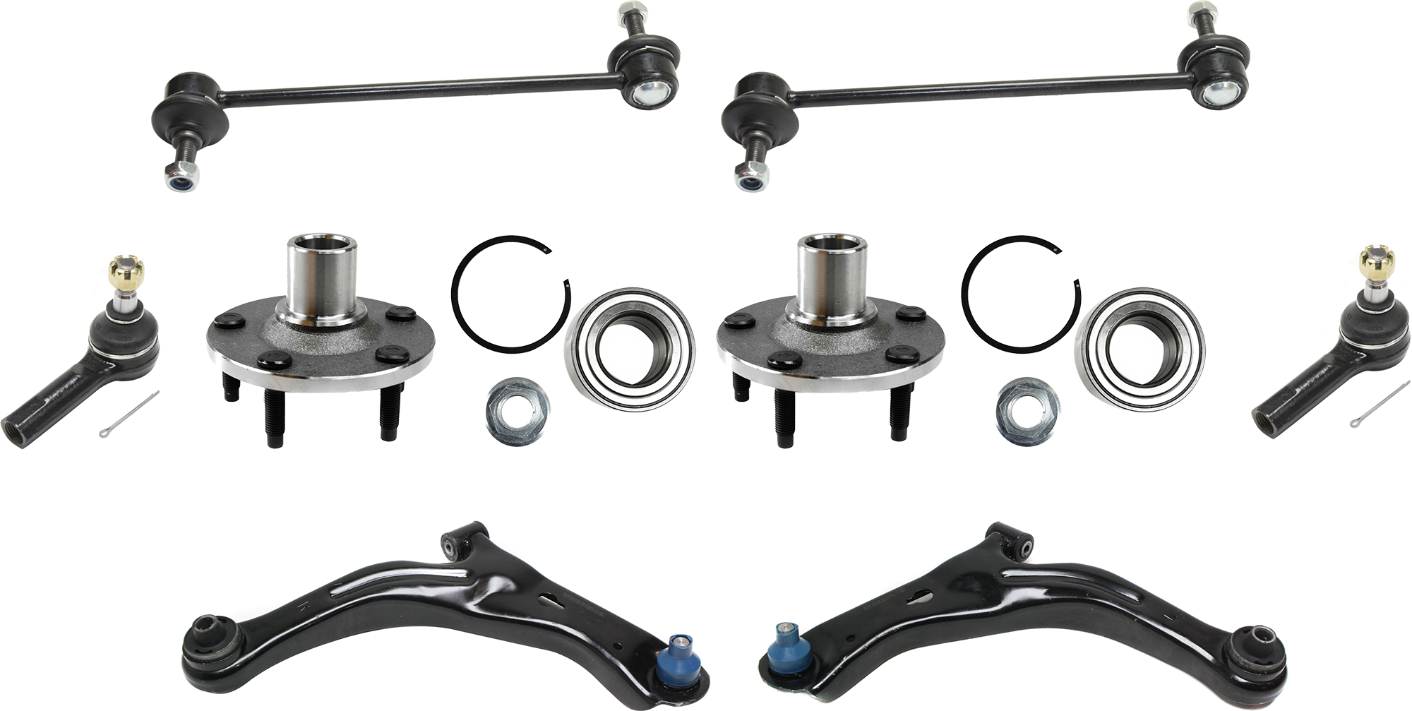 AM ESCAPE TRIBUTE 01-04 FRONT CONTROL ARM RH AND LH 8 pc kit with Sway Bar Links Tie Rod Ends and Wheel Hubs SKU KIT 072924 C2085 OEM 4L8Z3078R EC0134300N 3L8Z3078A