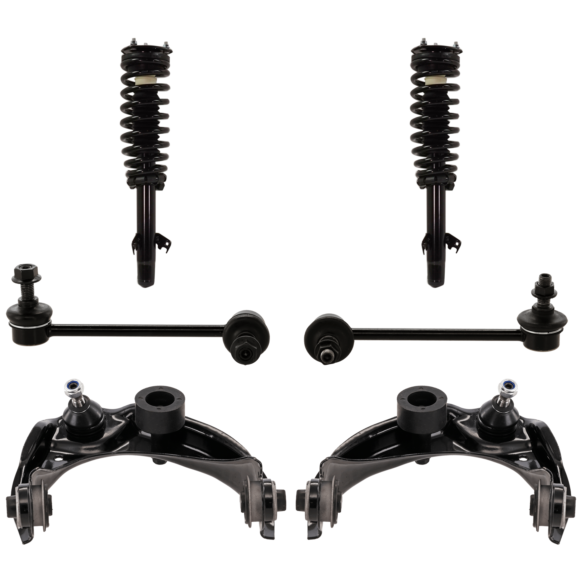 AM MAZDA 6-03-08 FRONT FULLY LOADED STRUT RH AND LH 6 pc Kit with Control Arm Shock Absorber and Strut Assembly and Sway Bar Link SKU KIT 072924 C2088 OEM GM9A34900H 2335527L 2701524564