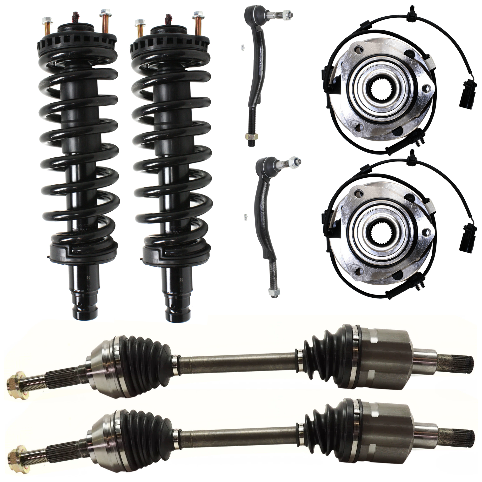 AM ENVOY TRAILBLAZER 02-09 FRONT FULLY LOADED STRUT RH AND LH 8 pc kit with Axle Assemblies Tie Rod Ends and Wheel Hubs SKU KIT 072924 C2106 OEM 15098725-15098726-26079789-826