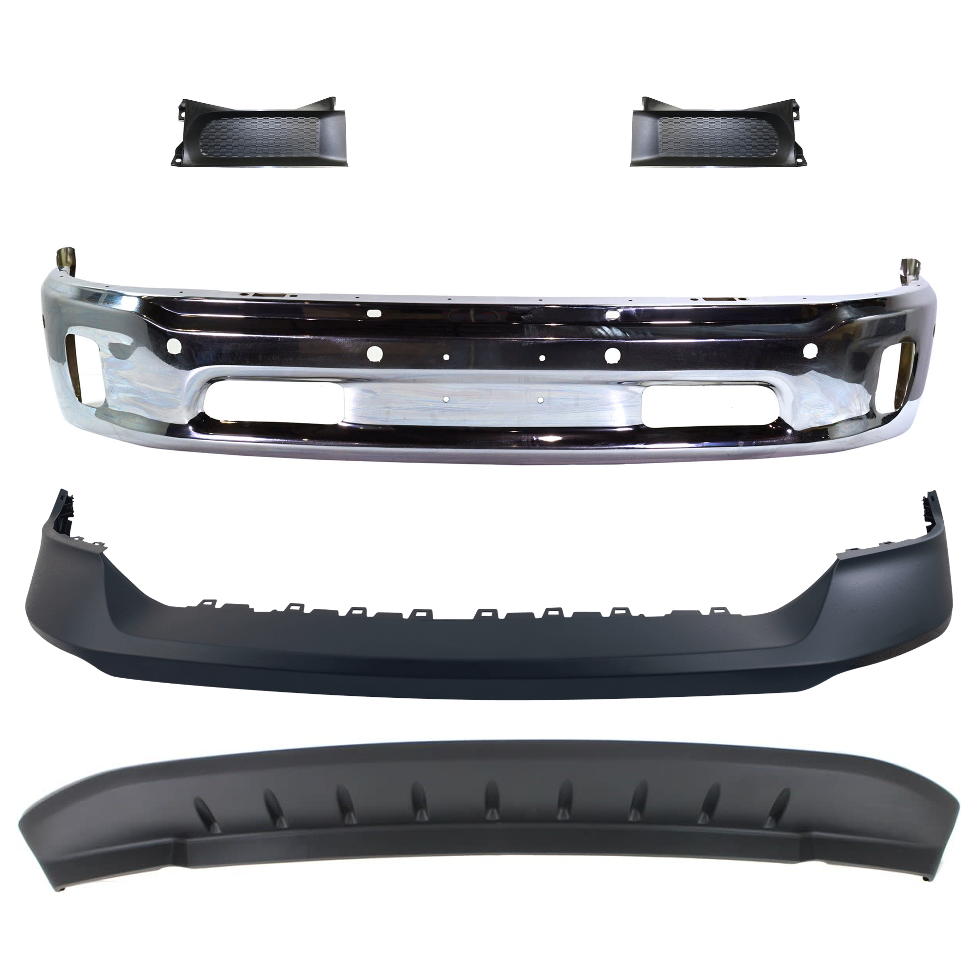 AM RAM 1500-14-18 FRONT BUMPER Lower Chrome 5 pc Kit with Bumper Cover Bumper Trim and Valance Includes 19-22-1500 Classic SKU KIT 072924 C2135 Partslink CH1002402 CH1014108 CH1037112 CH1090147 OEM 68160857AA 68197697AA 68196984