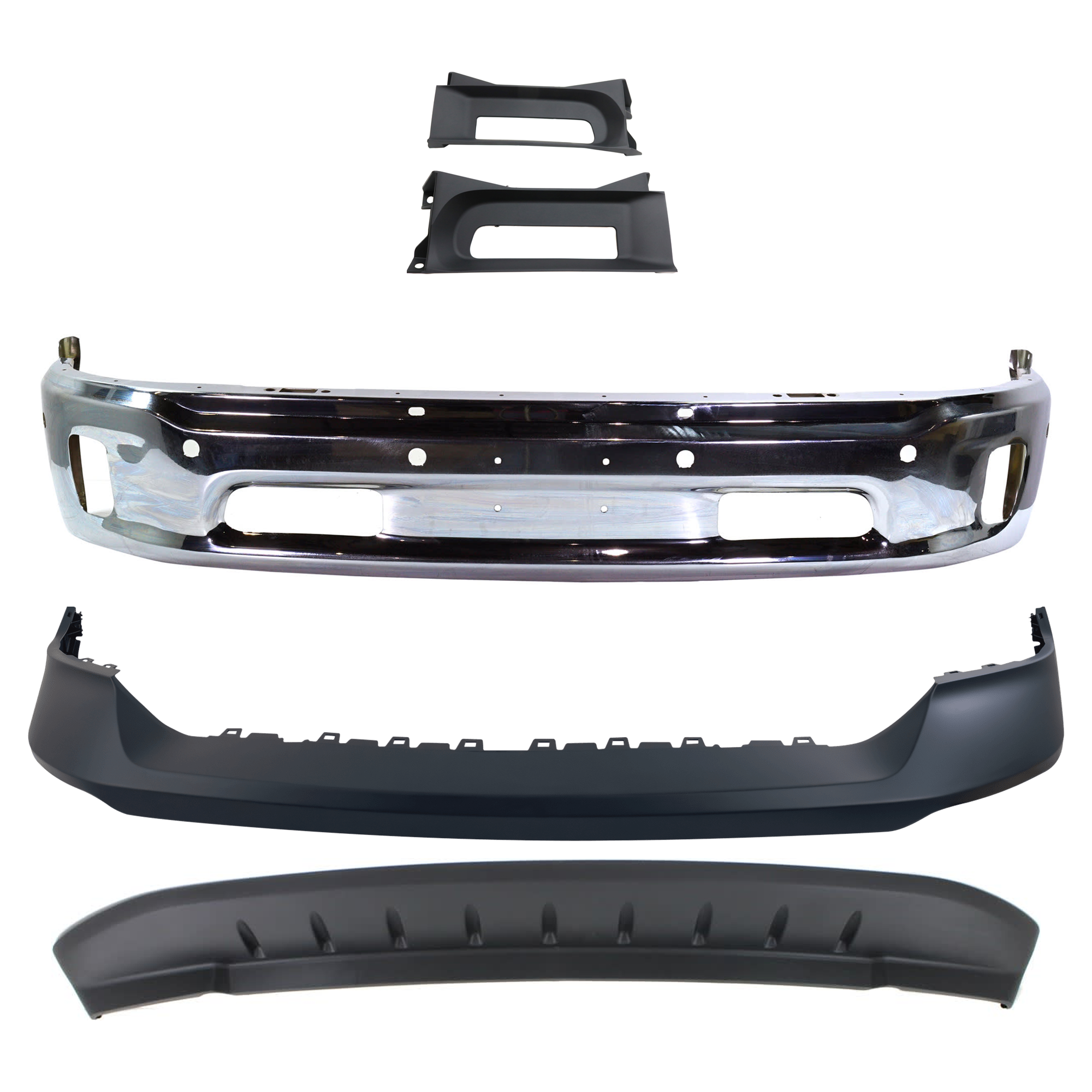 AM RAM 1500-14-18 FRONT BUMPER Lower Chrome 5 pc Kit with Bumper Cover Bumper Trim and Valance Includes 19-22-1500 Classic SKU KIT 072924 C2136 Partslink CH1002402 CH1014108 CH1037113 CH1090147 OEM 68160857AA 68197697AA 68196982