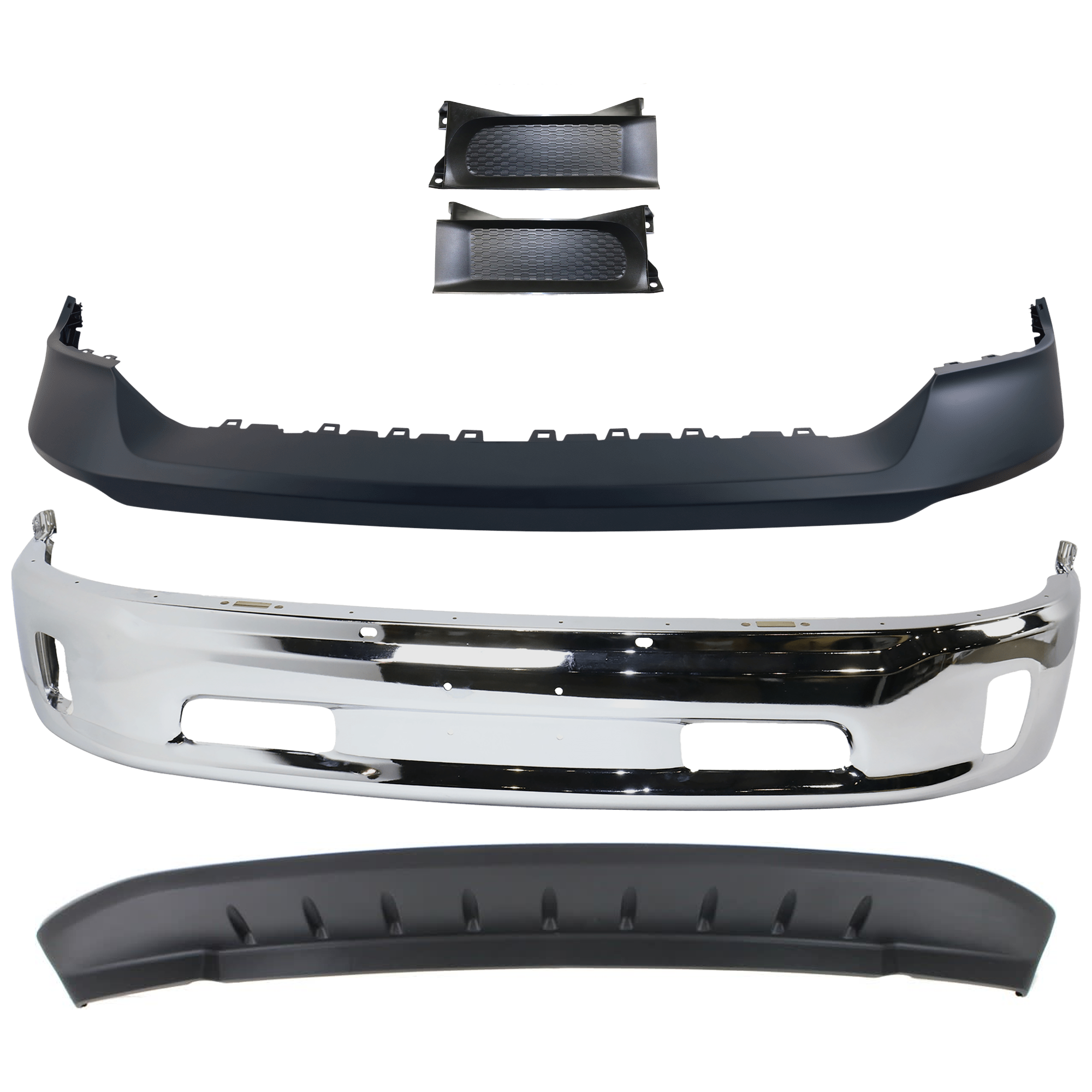 AM RAM 1500-13-18 FRONT BUMPER Lower Chrome 5 pc Kit with Bumper Cover Bumper Trim and Valance Includes 19-23-1500 Classic SKU KIT 072924 C2137 Partslink CH1002396 CH1014108 CH1037112 CH1090147 OEM 68160853AB 68197697AA 68196984