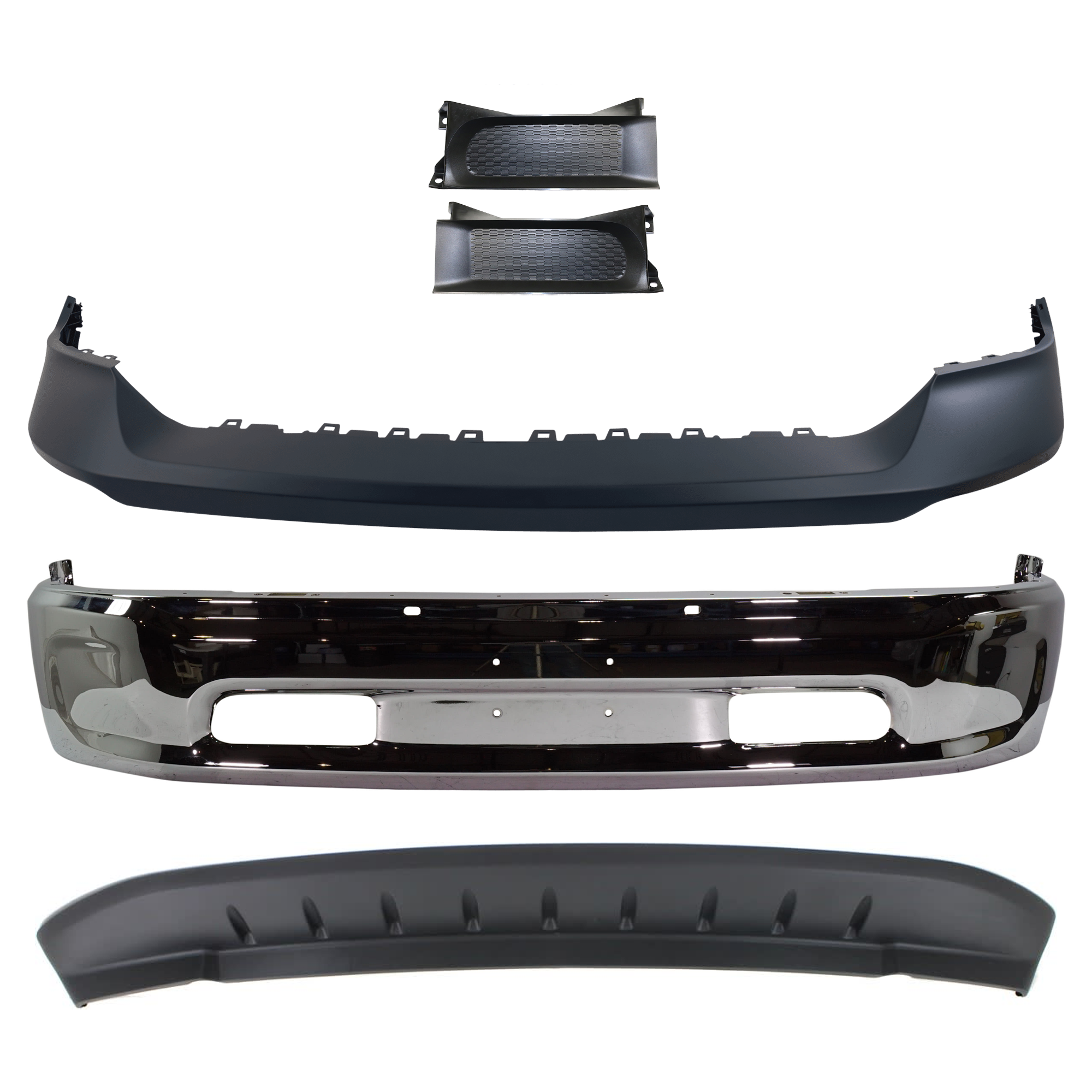 AM RAM 1500-13-18 FRONT BUMPER Lower Chrome 5 pc Kit with Bumper Cover Bumper Trim and Valance Includes 19-23-1500 Classic SKU KIT 072924 C2139 Partslink CH1002397 CH1014108 CH1037112 CH1090147 OEM 68160855AC 68197697AA 68196984