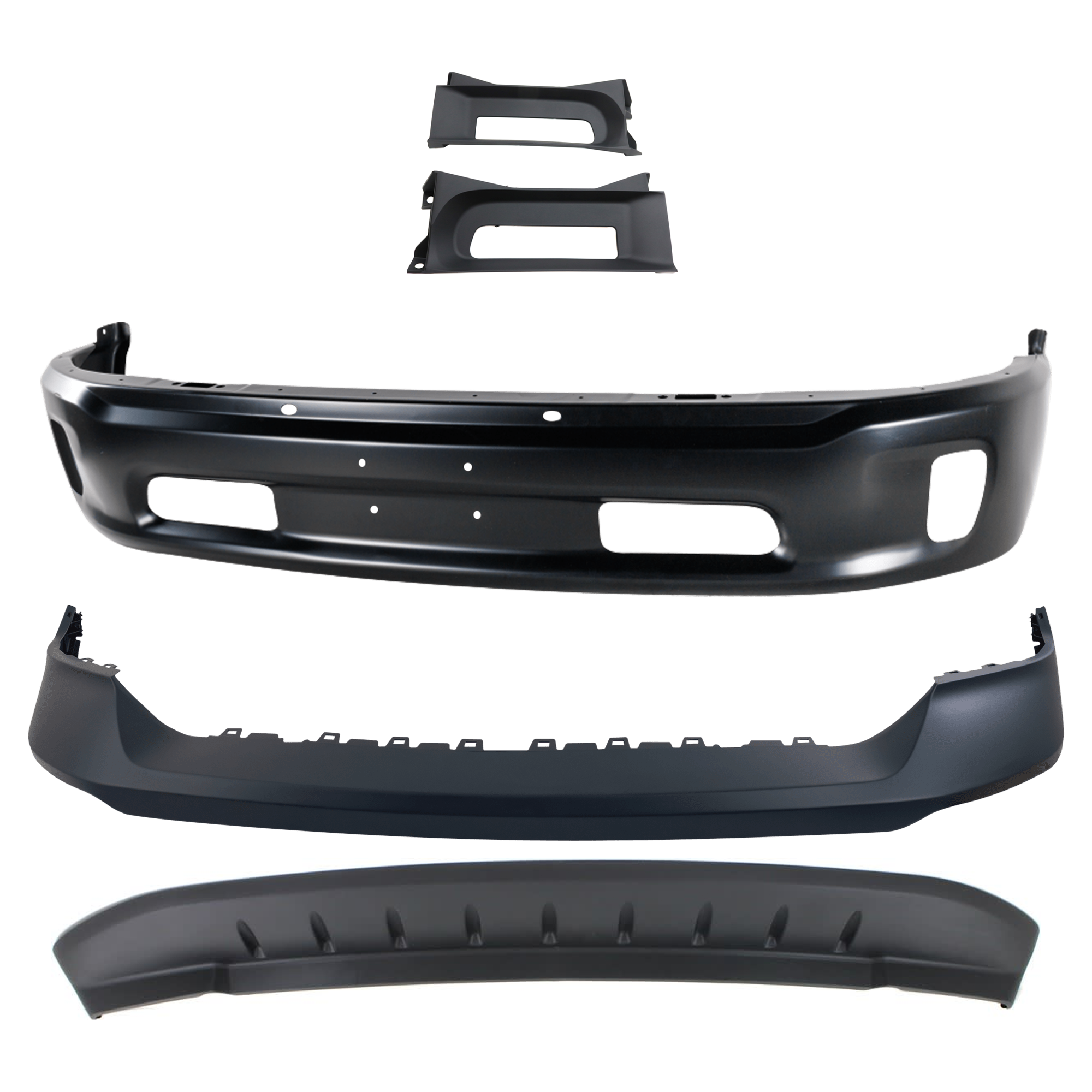AM RAM 1500-14-18 FRONT BUMPER Lower Painted Black 5 pc Kit with Bumper Cover Bumper Trim and Valance Includes 19-21-1500 Classic SKU KIT 072924 C2140 Partslink CH1002399 CH1014108 CH1037113 CH1090147 OEM 68160854AB 68197697AA 68196982