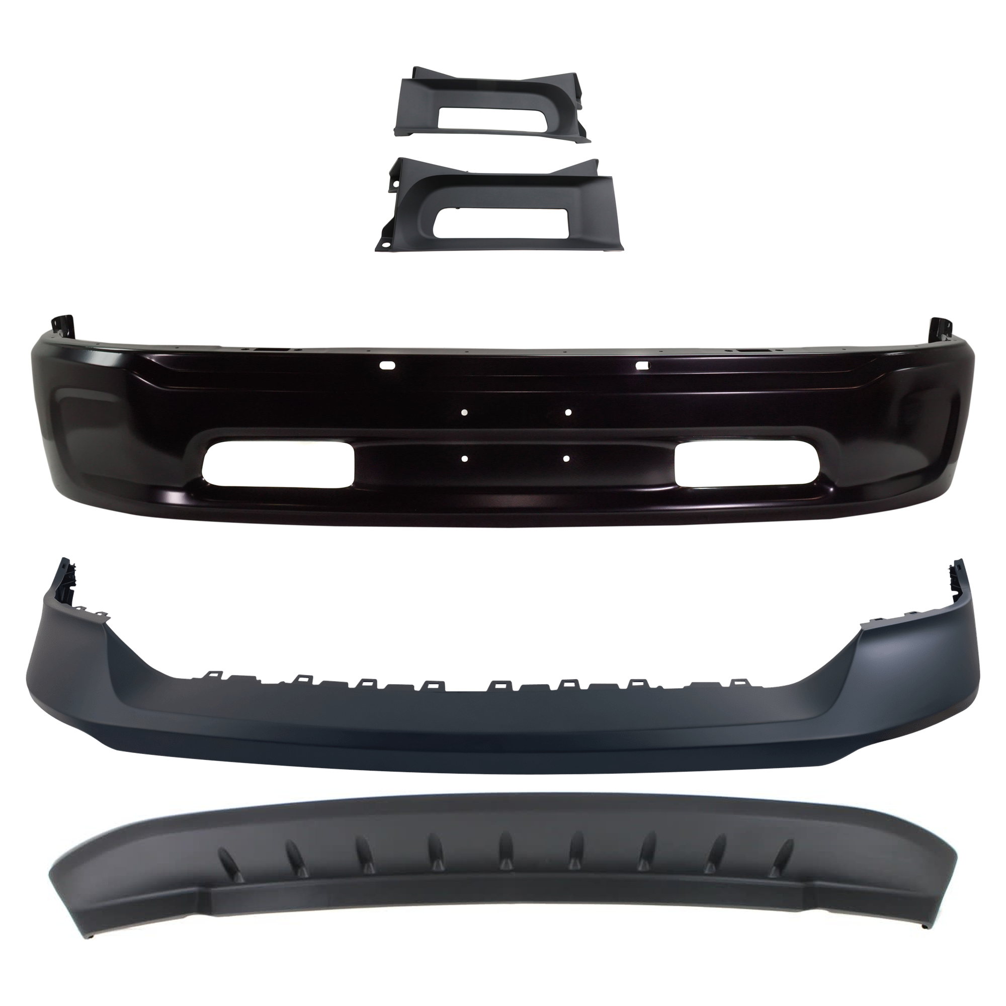 AM RAM 1500-14-18 FRONT BUMPER Lower Painted Black 5 pc Kit with Bumper Cover Bumper Trim and Valance Includes 19-21-1500 Classic SKU KIT 072924 C2142 Partslink CH1002401 CH1014108 CH1037113 CH1090147 OEM 68160856AC 68197697AA 68196982
