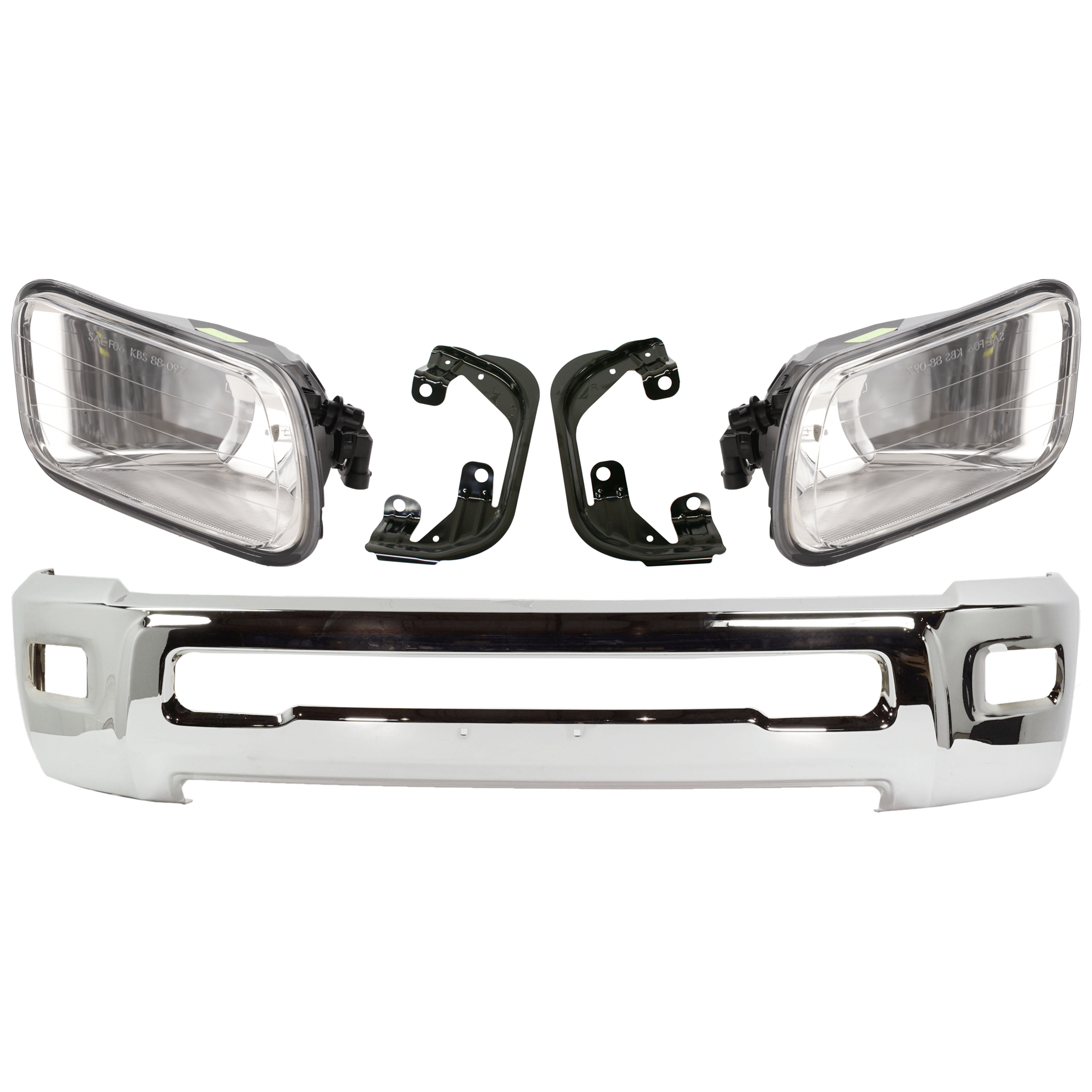 AM RAM 2500-3500-10-10 FRONT BUMPER 5 pc kit w Fog Light and Fog Light Bracket SKU KIT 072924 C2155 Partslink CH1002390 CH1061100 OEM 68045698AB 55372735AB PFM 5537
