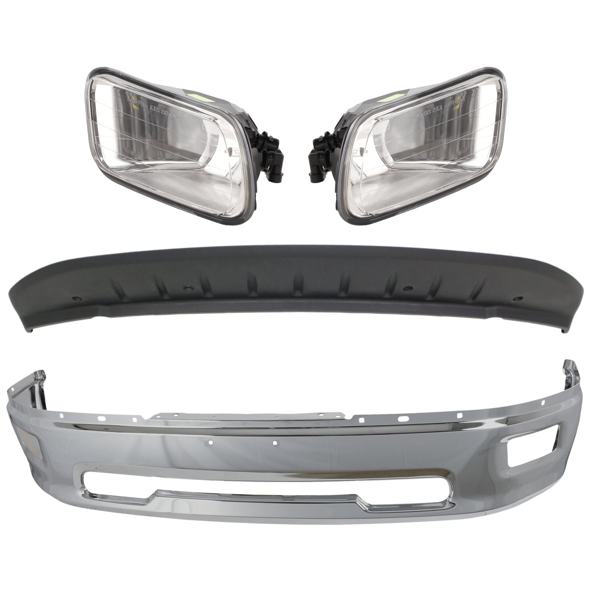 AM RAM 1500-09-12 FRONT BUMPER 4 pc kit w Valance and Fog Light SKU KIT 072924 C2156 Partslink CH1002386 CH1090133 OEM 55112609AA 68206067AA 55372735