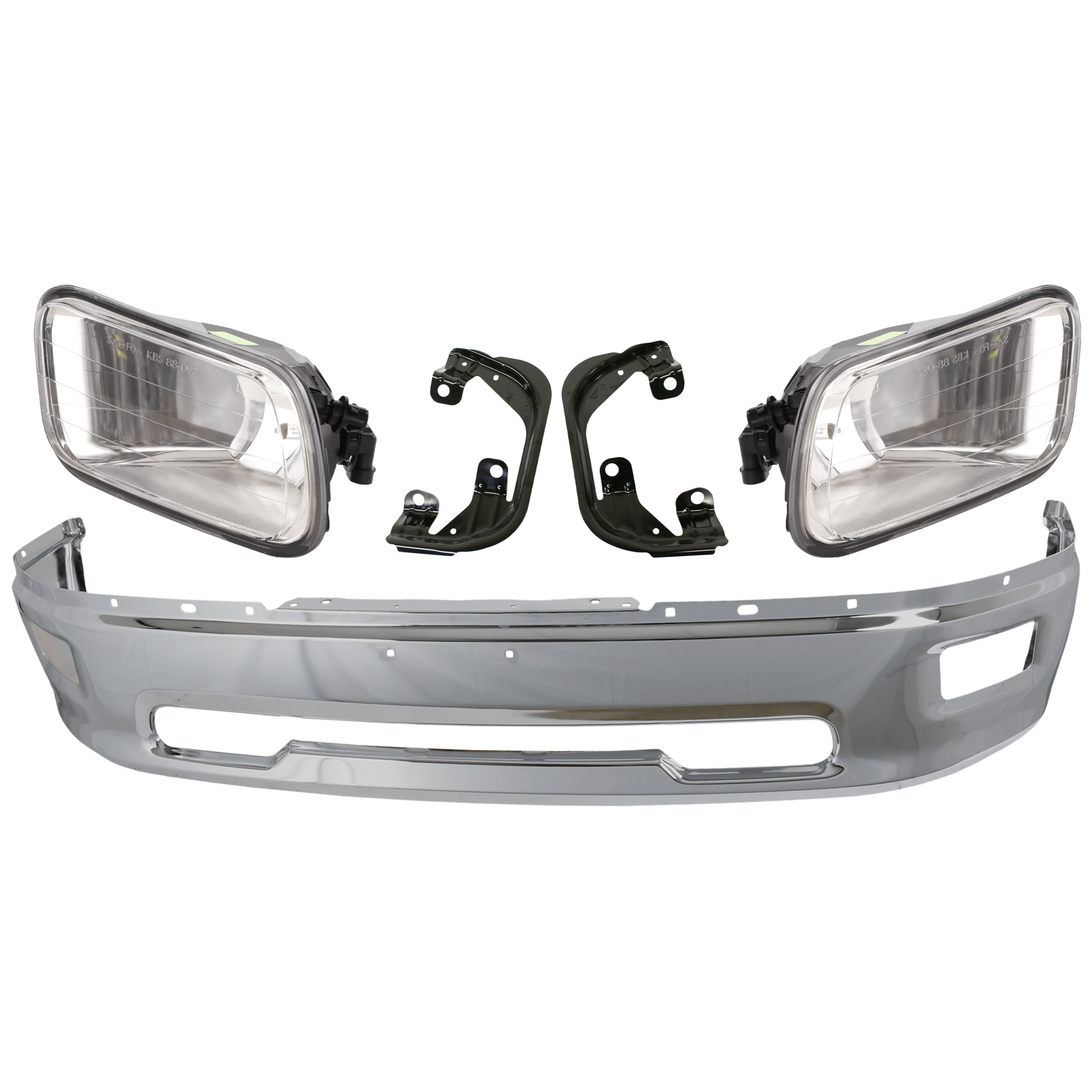 AM RAM 1500-09-12 FRONT BUMPER 5 pc kit w Fog Light and Fog Light Bracket SKU KIT 072924 C2158 Partslink CH1002386 CH1061100 OEM 55112609AA 68206067AA 55372735