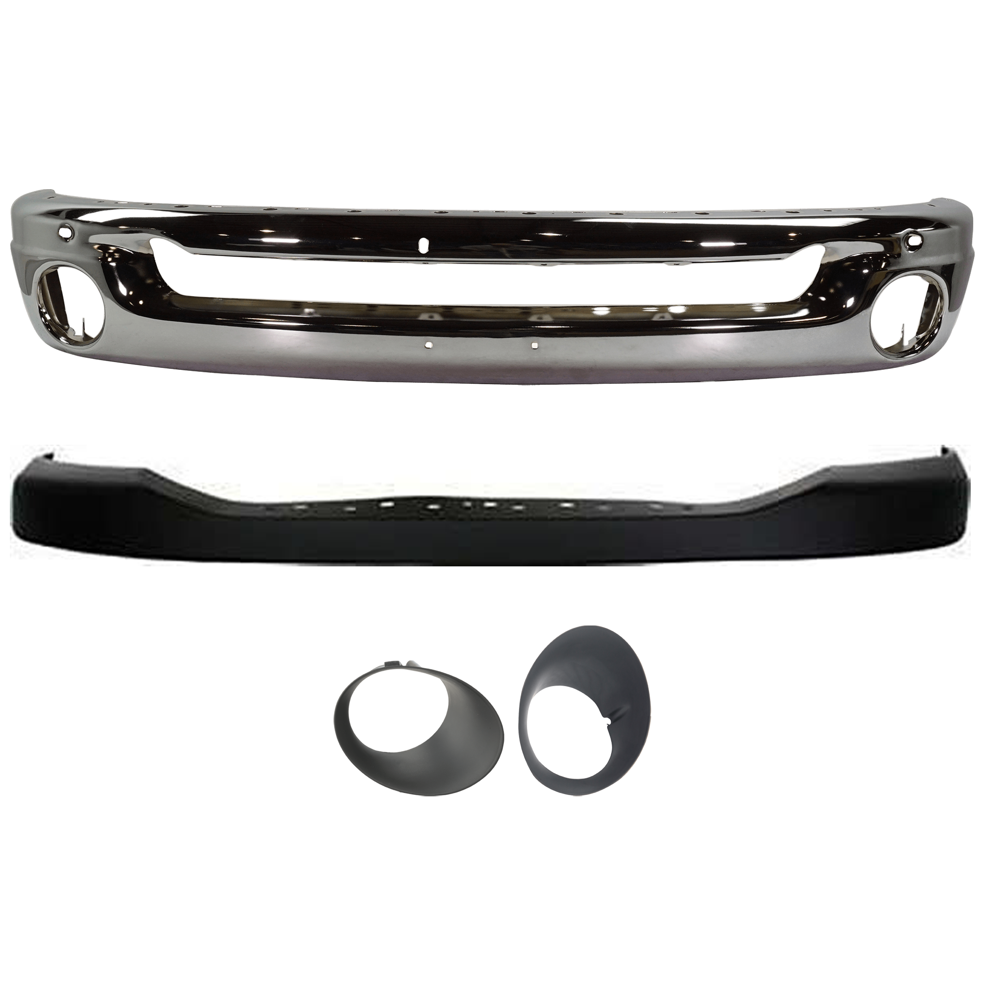 AM RAM 1500-2500-06-09 FRONT BUMPER 4 pc kit w Bumper Cover Fog light Trim SKU KIT 072924 C2161 Partslink CH1002383 CH1014100 CH2598101 CH2599101 OEM 55077946AB ZA17TZZAA 55077239A