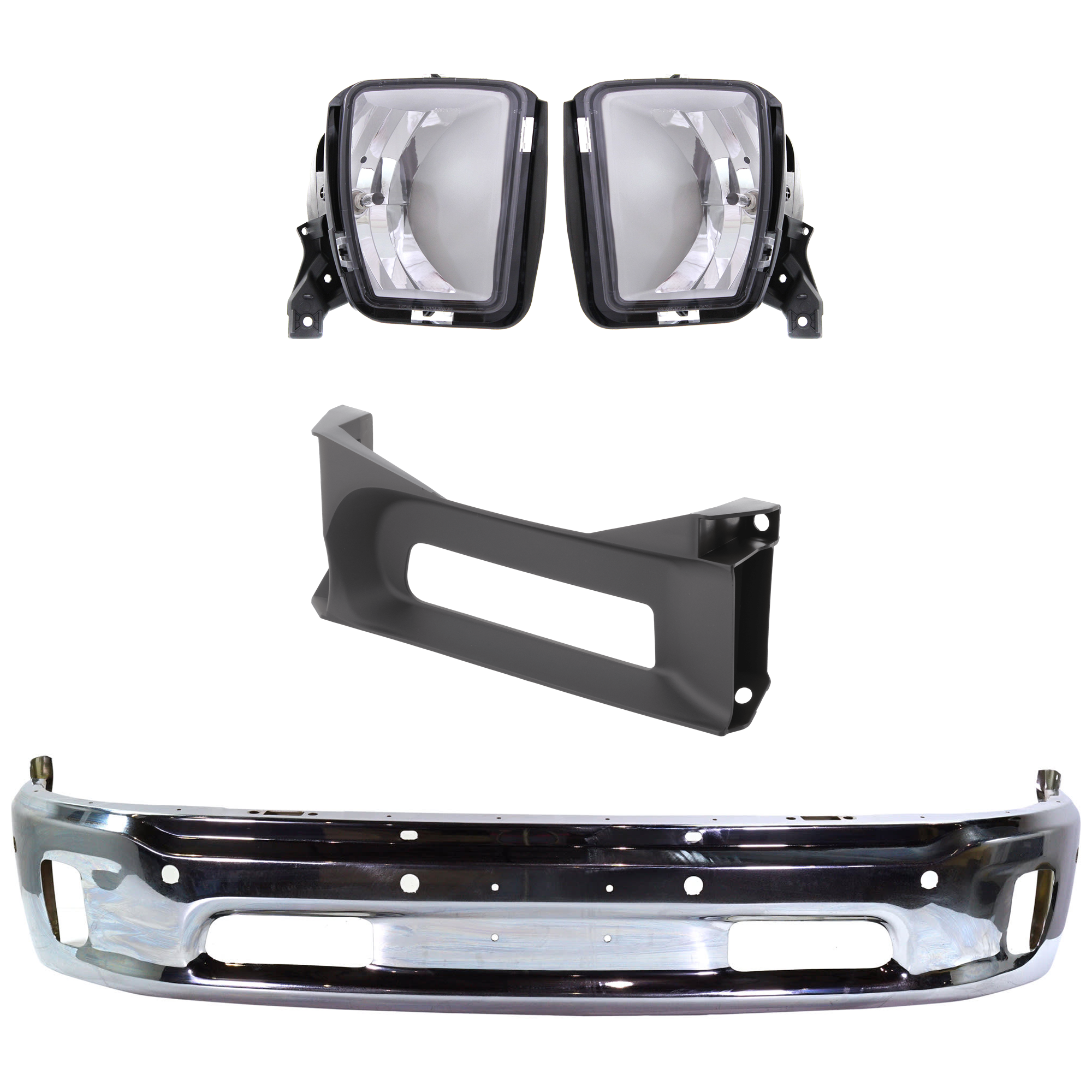 AM RAM 1500-14-18 FRONT BUMPER Lower Chrome 5 Piece Kit with Bumper Trim and Fog Lights Includes 19-22-1500 Classic SKU KIT 072924 C2162 Partslink CH1002402 CH1037113 CH2593147 CH2592147 OEM 68160857AA 68196982AA 68104820