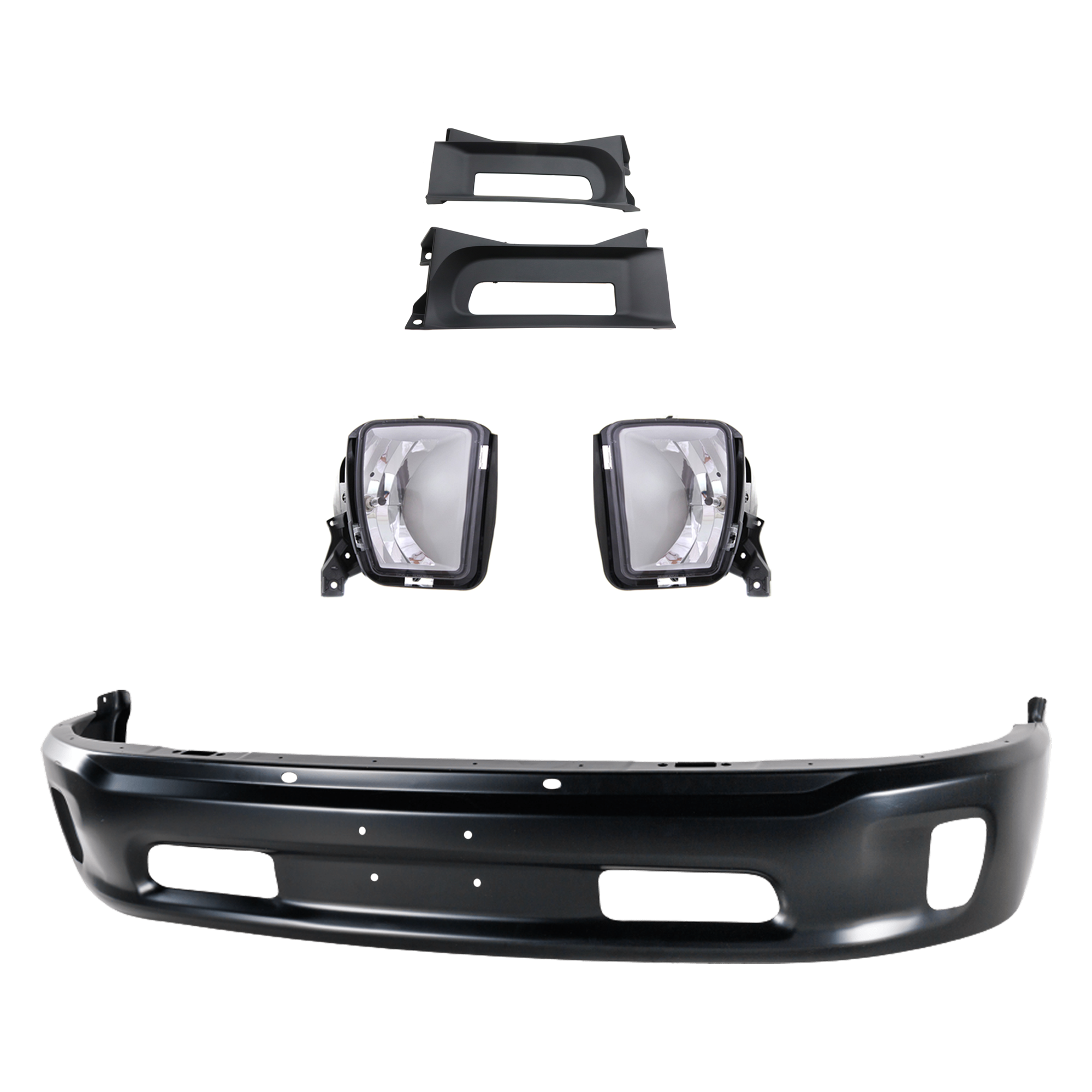 AM RAM 1500-14-18 FRONT BUMPER Lower Painted Black 5 Piece Kit with Bumper Trim and Fog Lights Includes 19-21-1500 Classic SKU KIT 072924 C2163 Partslink CH1002399 CH1037113 CH2593147 CH2592147 OEM 68160854AB 68196982AA 68104820