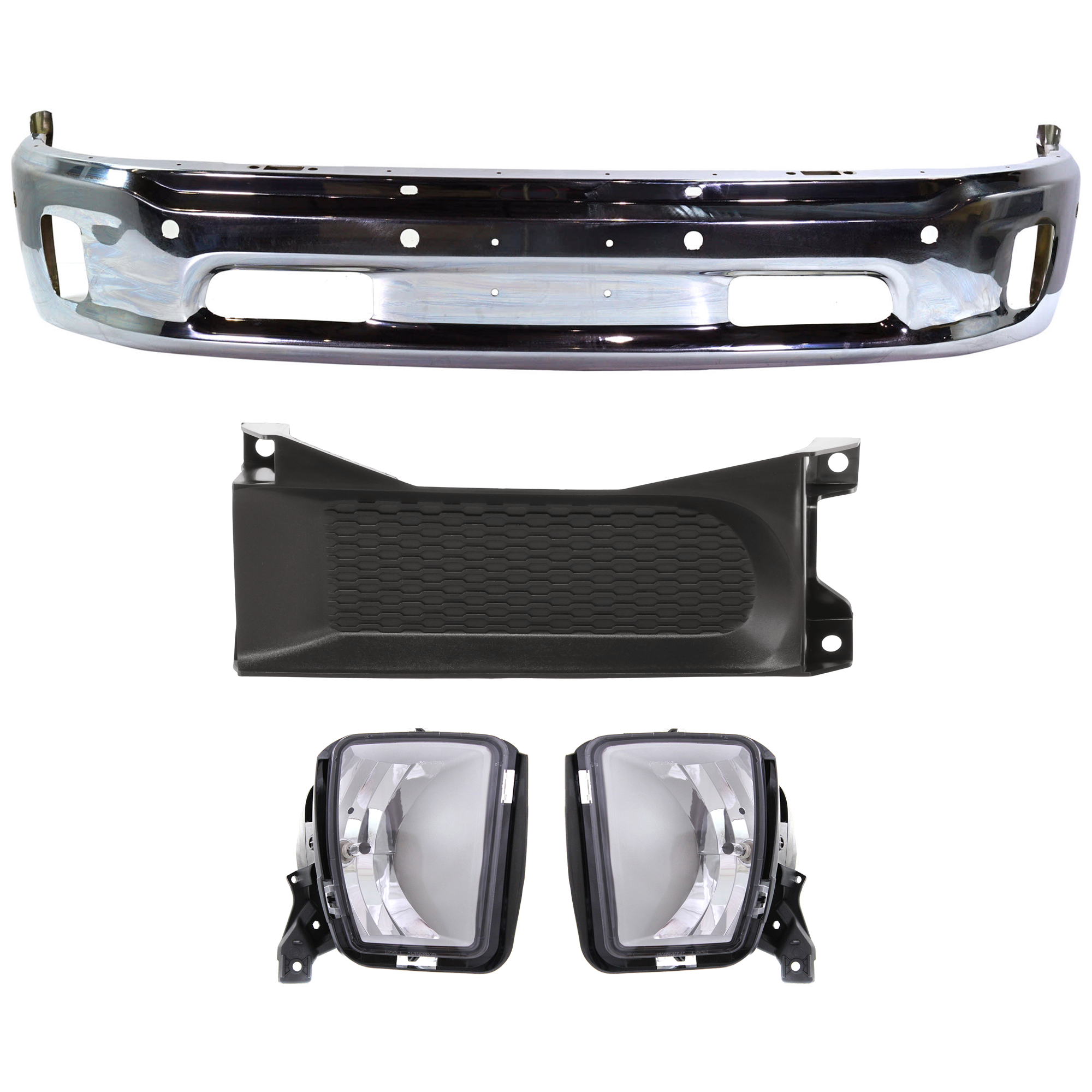 AM RAM 1500-14-18 FRONT BUMPER Lower Chrome 5 Piece Kit with Bumper Trim and Fog Lights Includes 19-22-1500 Classic SKU KIT 072924 C2164 Partslink CH1002402 CH1037112 CH2593147 CH2592147 OEM 68160857AA 68196984AA 68104820