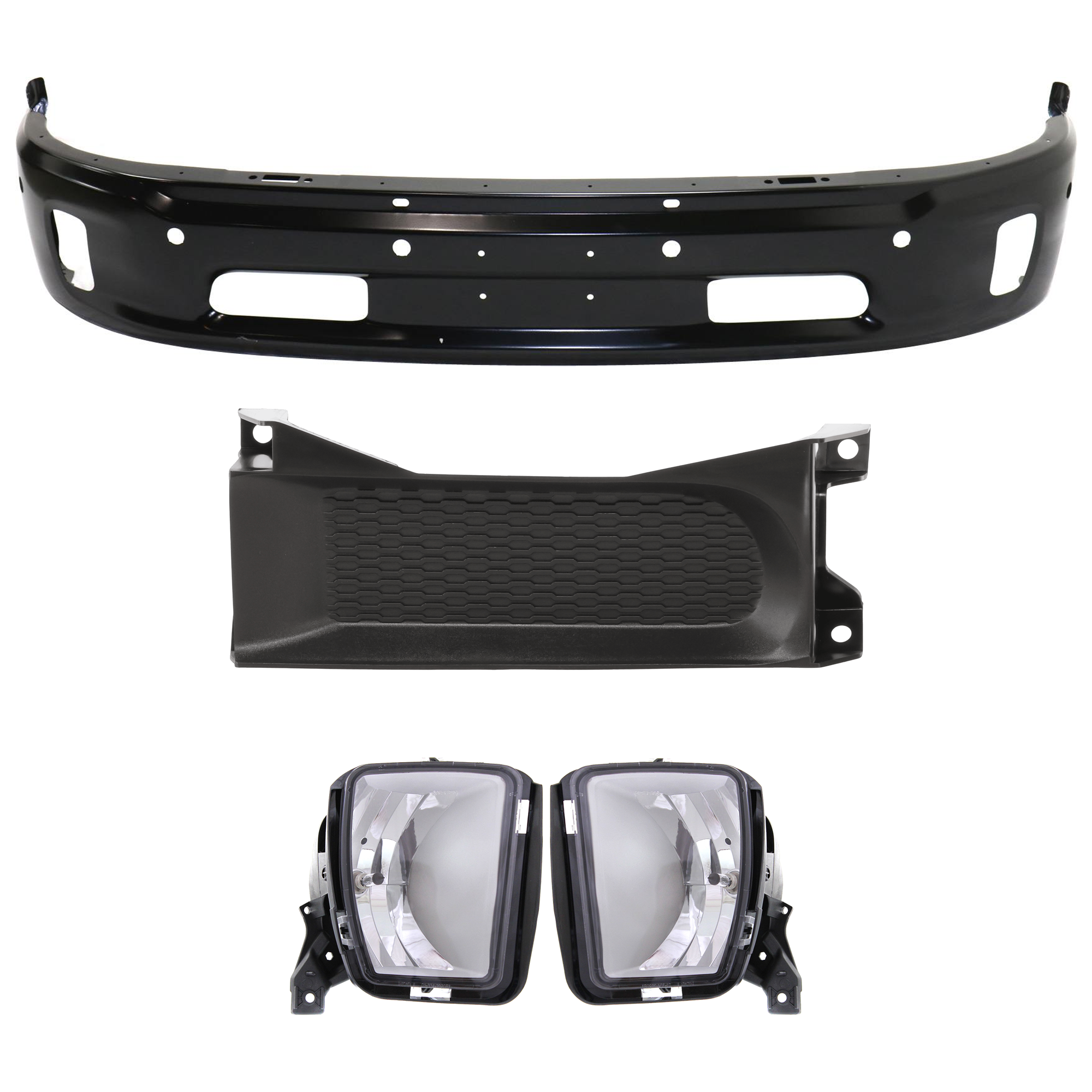 AM RAM 1500-14-18 FRONT BUMPER Lower Black 5 pc kit Includes Fog Lights and Bumper Trim w Parking Aid Sensor Holes Fits 2 pc Type Bumper SKU KIT 072924 C2166 Partslink CH1002400 CH1037112 CH2593147 CH2592147 OEM 68160858AA 68196984AA 68104820