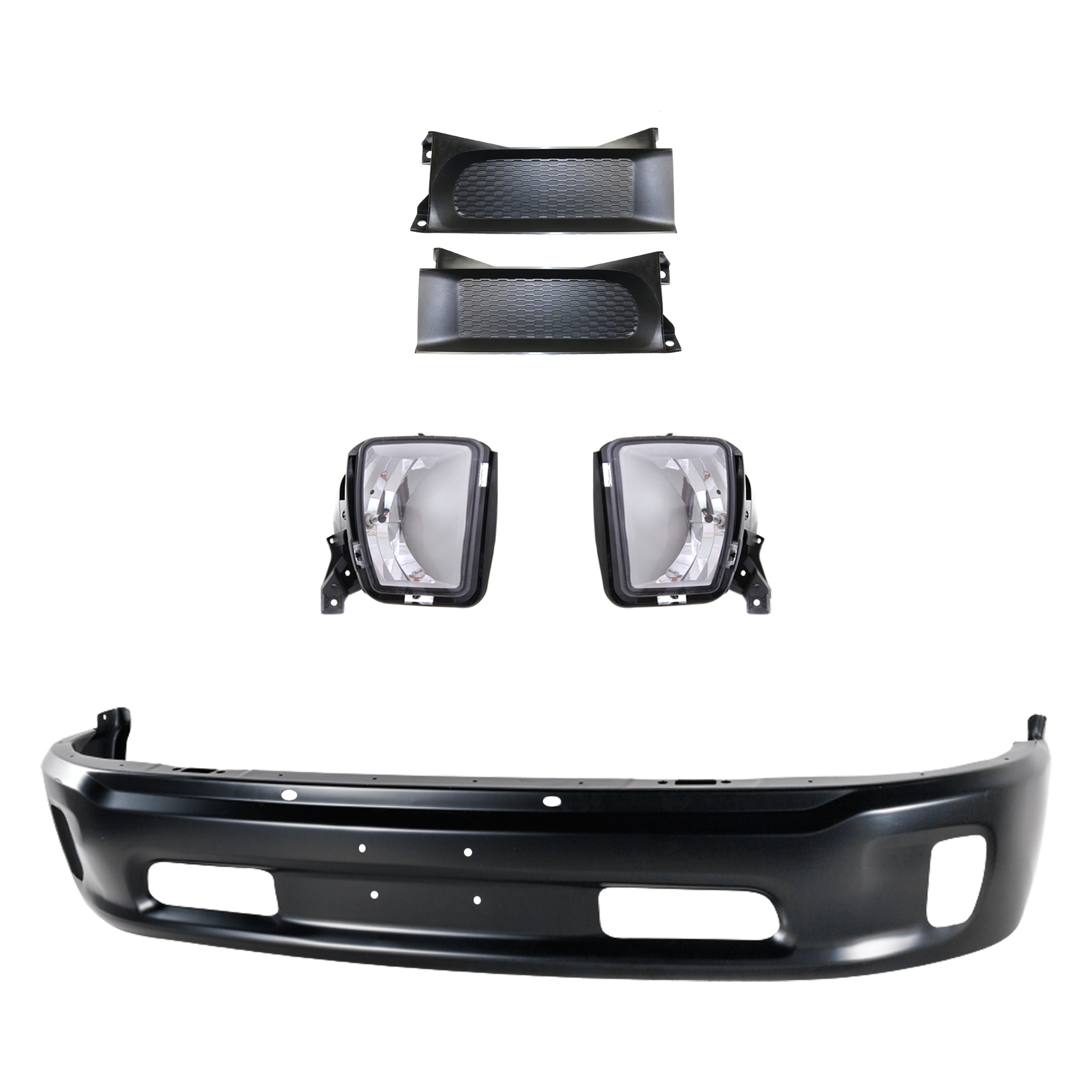 AM RAM 1500-14-18 FRONT BUMPER Lower Black 5 pc kit Includes Fog Lights and Bumper Trim w o Parking Aid Sensor Holes Fits 2 pc Type Bumper SKU KIT 072924 C2167 Partslink CH1002399 CH1037112 CH2593147 CH2592147 OEM 68160854AB 68196984AA 68104820