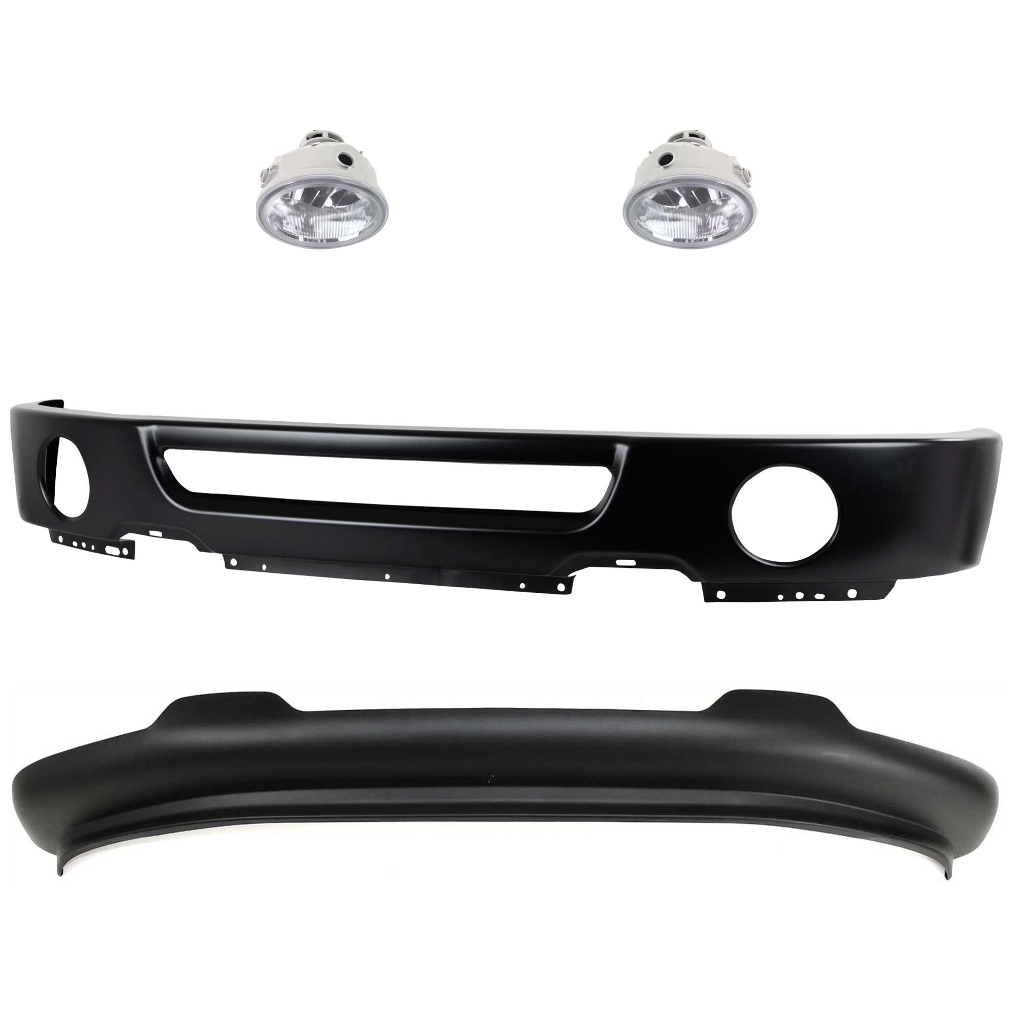 AM F 150-06-08 FRONT BUMPER 4 pc kit w Valance and Fog Light SKU KIT 072924 C2169 Partslink FO1002401 FO2592220 FO2593220 FO1093107 OEM 6L3Z17757DAPTM AL3Z15201A PFM