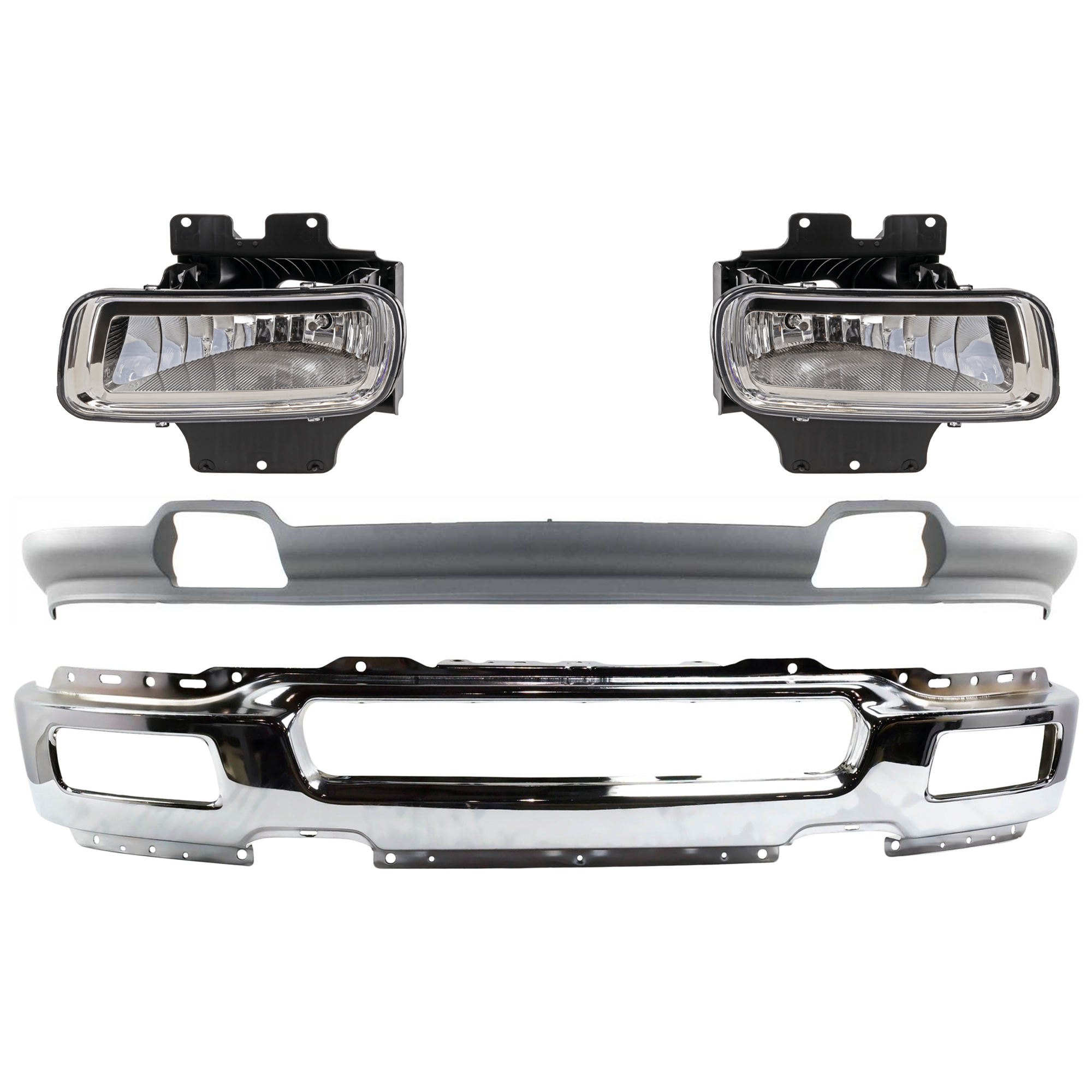 AM F 150-04-05 FRONT BUMPER 4 pc kit w Fog Light and Valance SKU KIT 072924 C2178 Partslink FO1002390 FO2593209 FO2592209 FO1095206 OEM 4L3Z17757BA 5L3Z15200A 5L3Z152