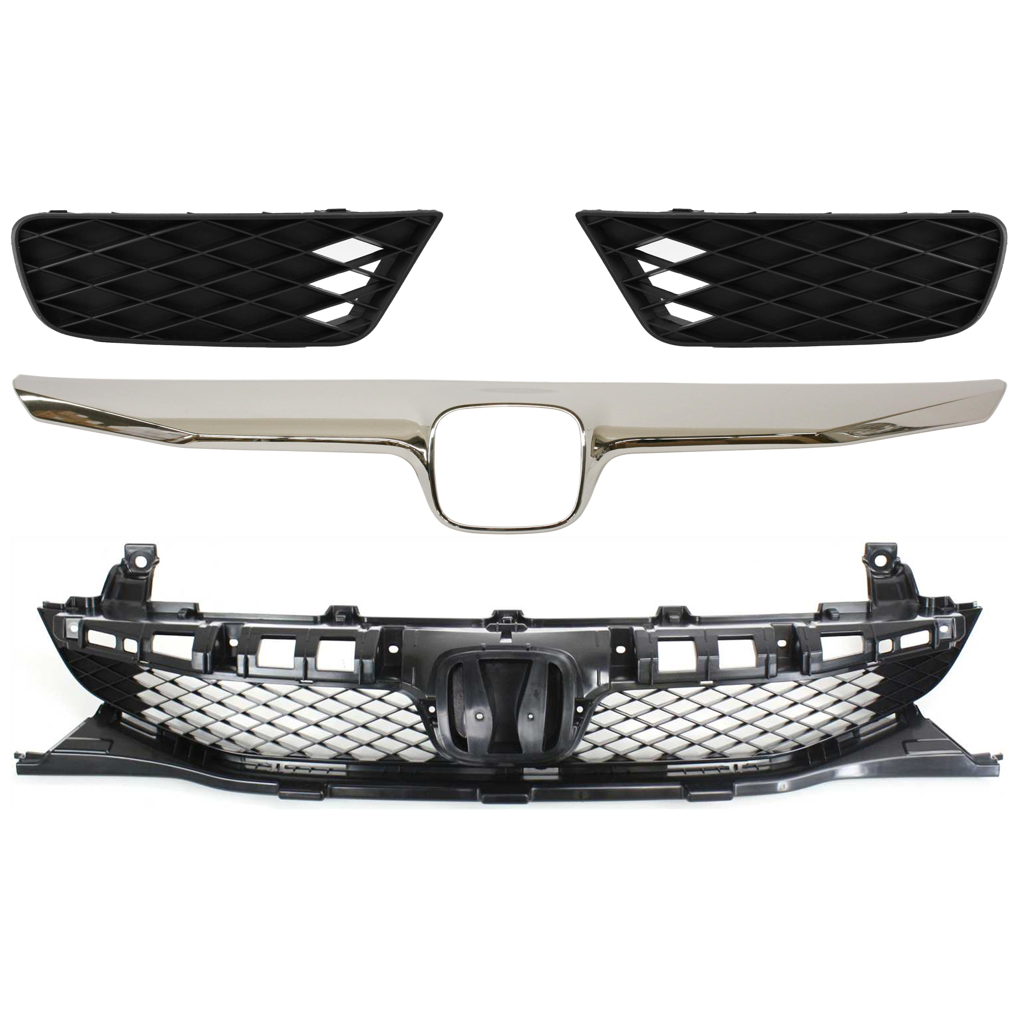 AM CIVIC 09-11 GRILLE MOLDING Upper 4 pc Kit Chrome with Fog Light Cover Grille Assembly and Grille Trim SKU KIT 072924 C2194 Partslink HO1210127 HO1039100 HO1038100 HO1200198 OEM 71122SNAA50-71106SNAA50-71108S