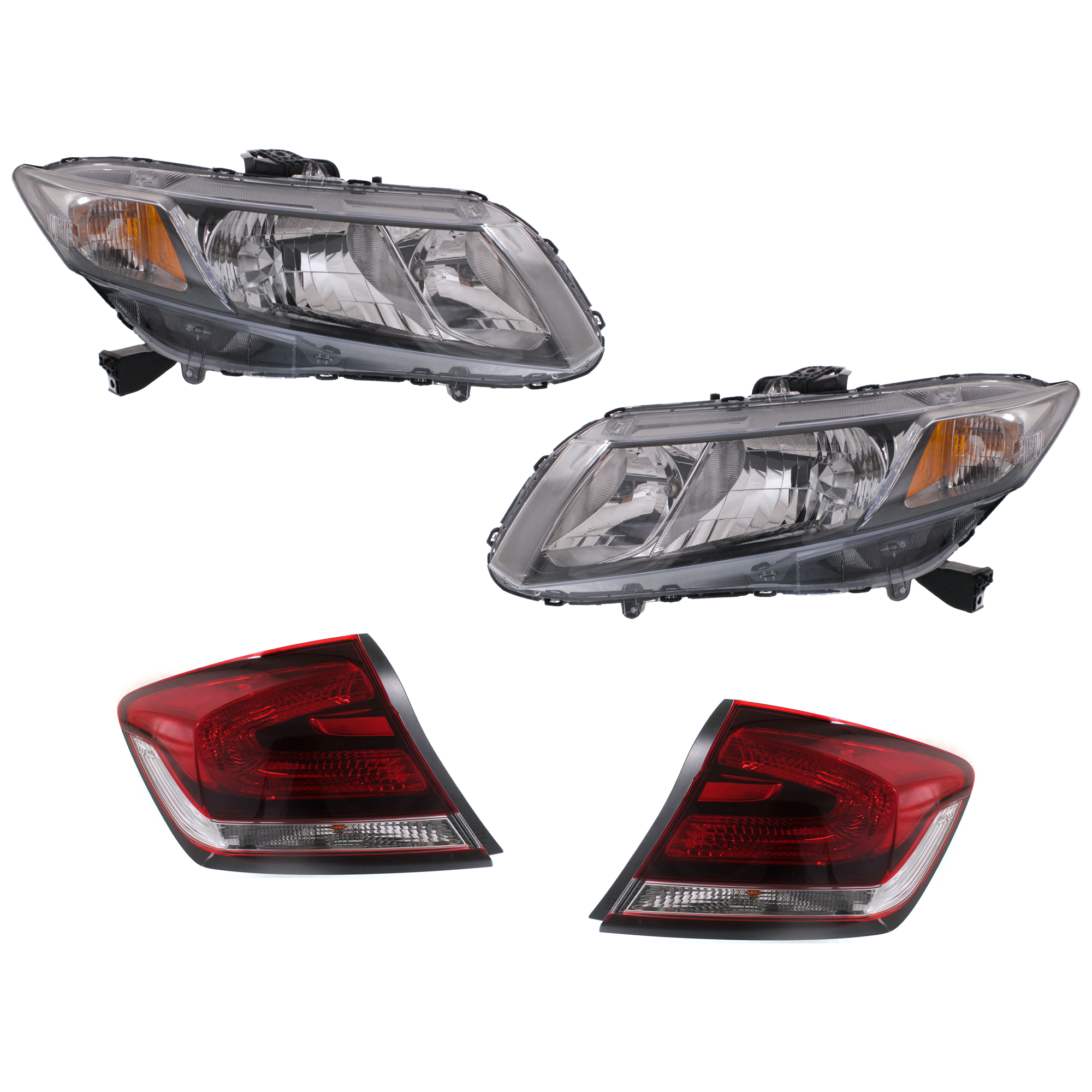 AM CIVIC 13-15 HEAD LAMP RH AND LH 4 pc Kit with Tail Light SKU KIT 072924 C2199 Partslink HO2502150C HO2503150C HO2804102C HO2805102C OEM 33100TR0A51-33150TR0A51-33500T