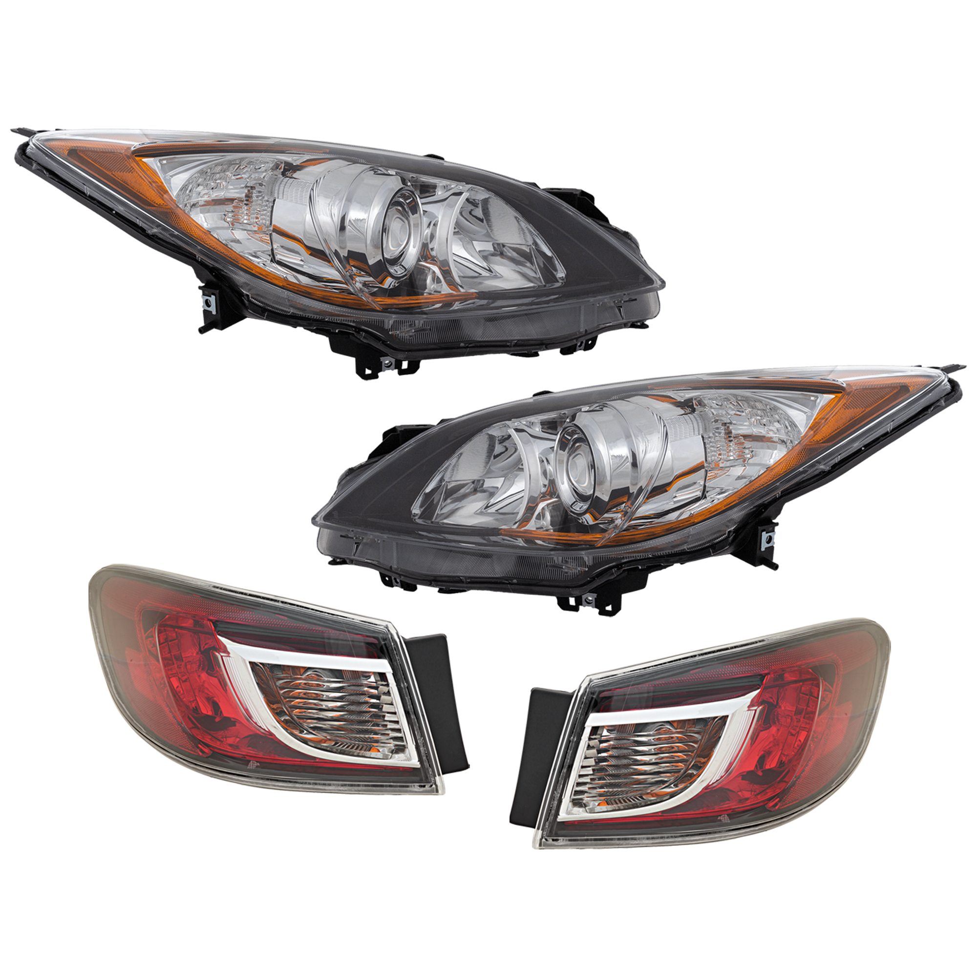 AM MAZDA 3-10-13 HEAD LAMP RH AND LH 4 pc kit Lens and Housing Halogen with Tail Light SKU KIT 072924 C2209 Partslink MA2518130 MA2519130 MA2800144 MA2801144 OEM BBM4510K0K BBM4510L0K BBM45116