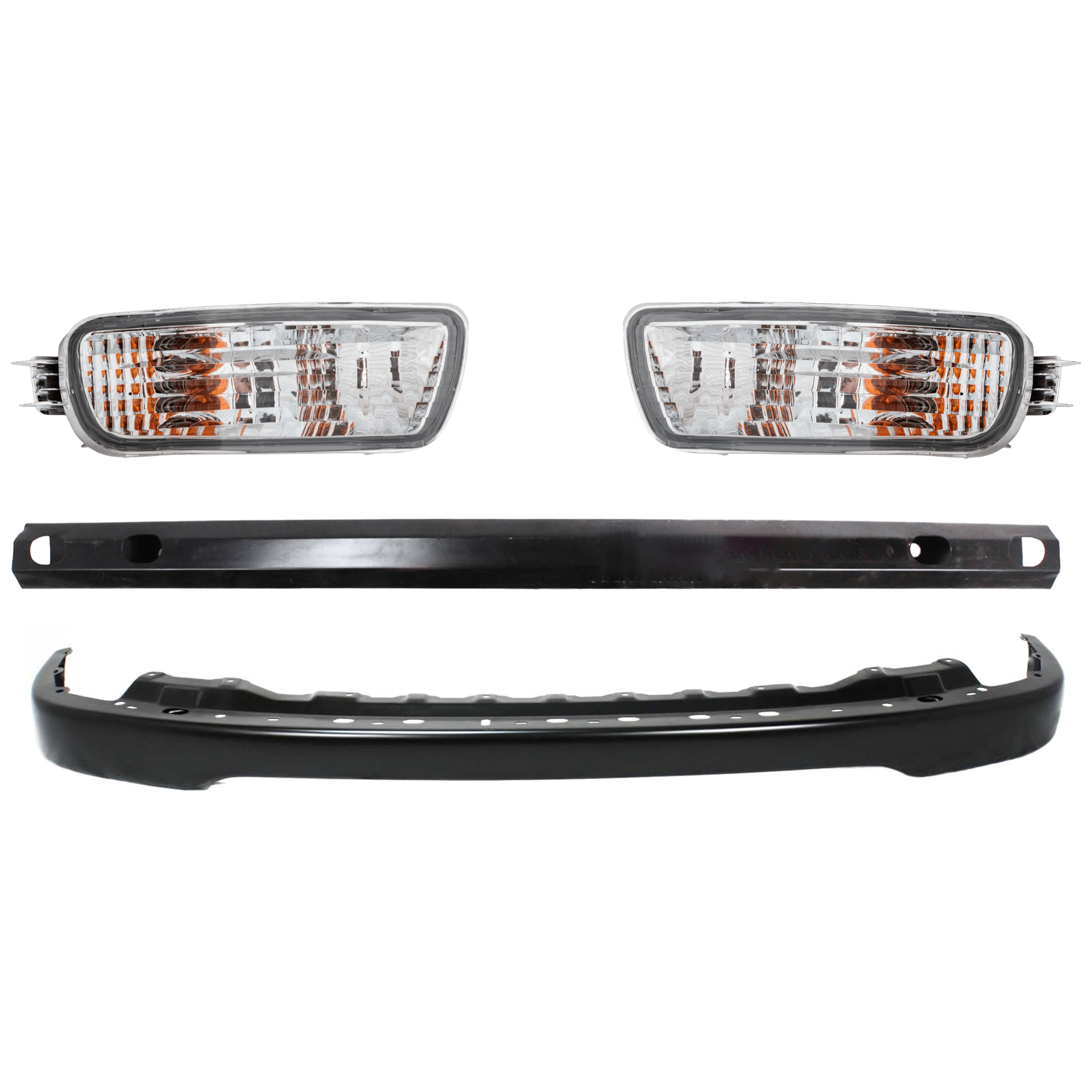 AM TACOMA 01-04 FRONT BUMPER BRACKET RH AND LH 4 pc kit w Bumper Reinforcement and Turn Signal Light SKU KIT 072924 C2300 Partslink TO1002176 TO1006184 TO2530140 TO2531140 OEM 52101AD900-52131AD010-81520040