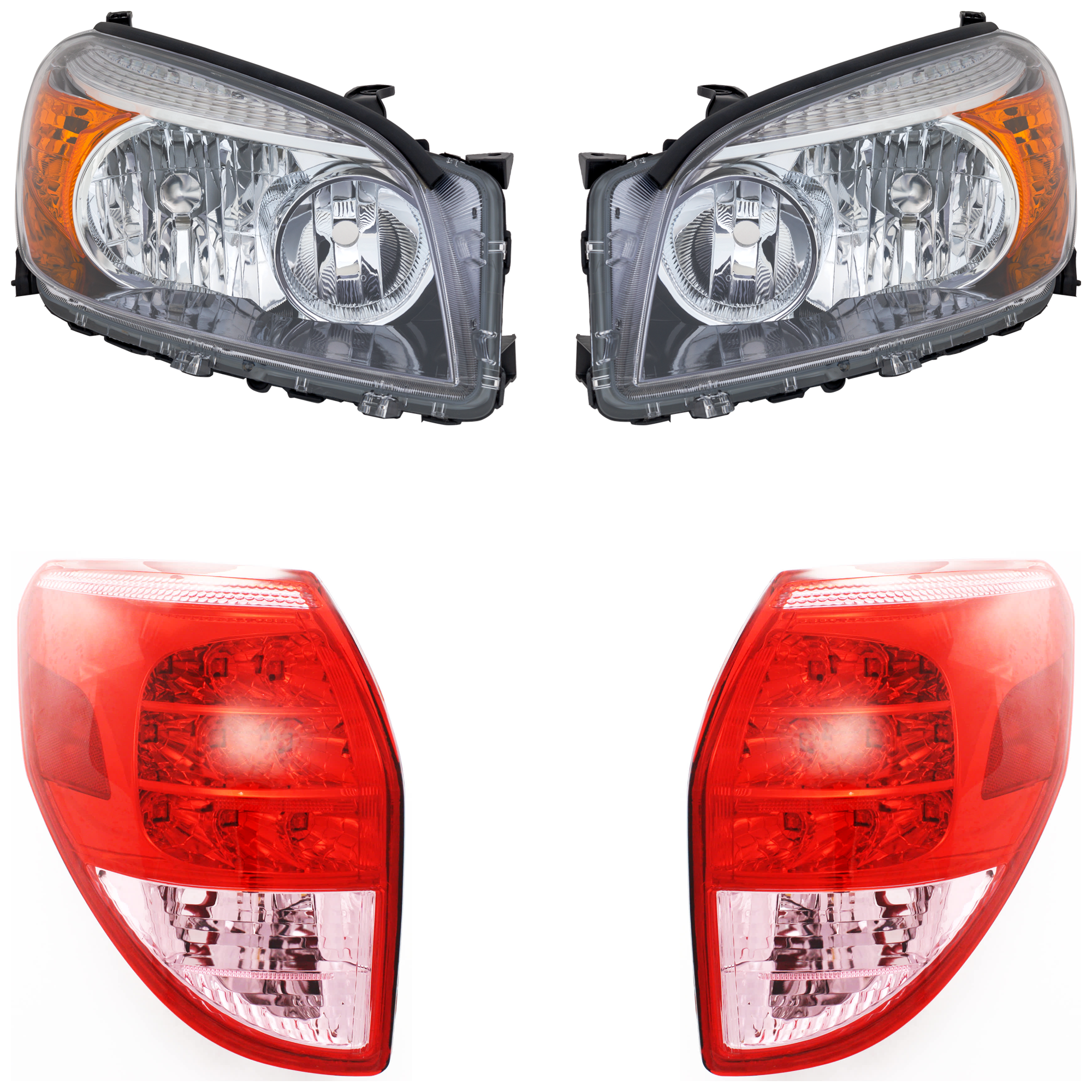 AM RAV4-06-08 HEAD LAMP RH AND LH 4 pc kit Lens and Housing Halogen Clear Lens Black Interior Sport Model with Tail Light SKU KIT 072924 C2302 Partslink TO2518107 TO2519107 TO2818127 TO2819127 OEM 8113042371-8117042371-81561421