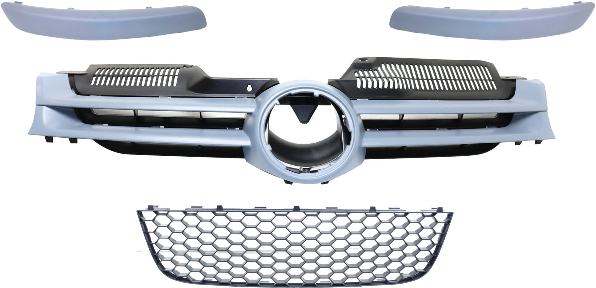 AM RABBIT 06-09 GRILLE 4 pc Kit Primed Gray Shell and Insert SKU KIT 072924 C2317 Partslink VW1200136 VW1036111 VW1046103 VW1047103 OEM 1K0853651AGRU 1K0853677B9B9-1K