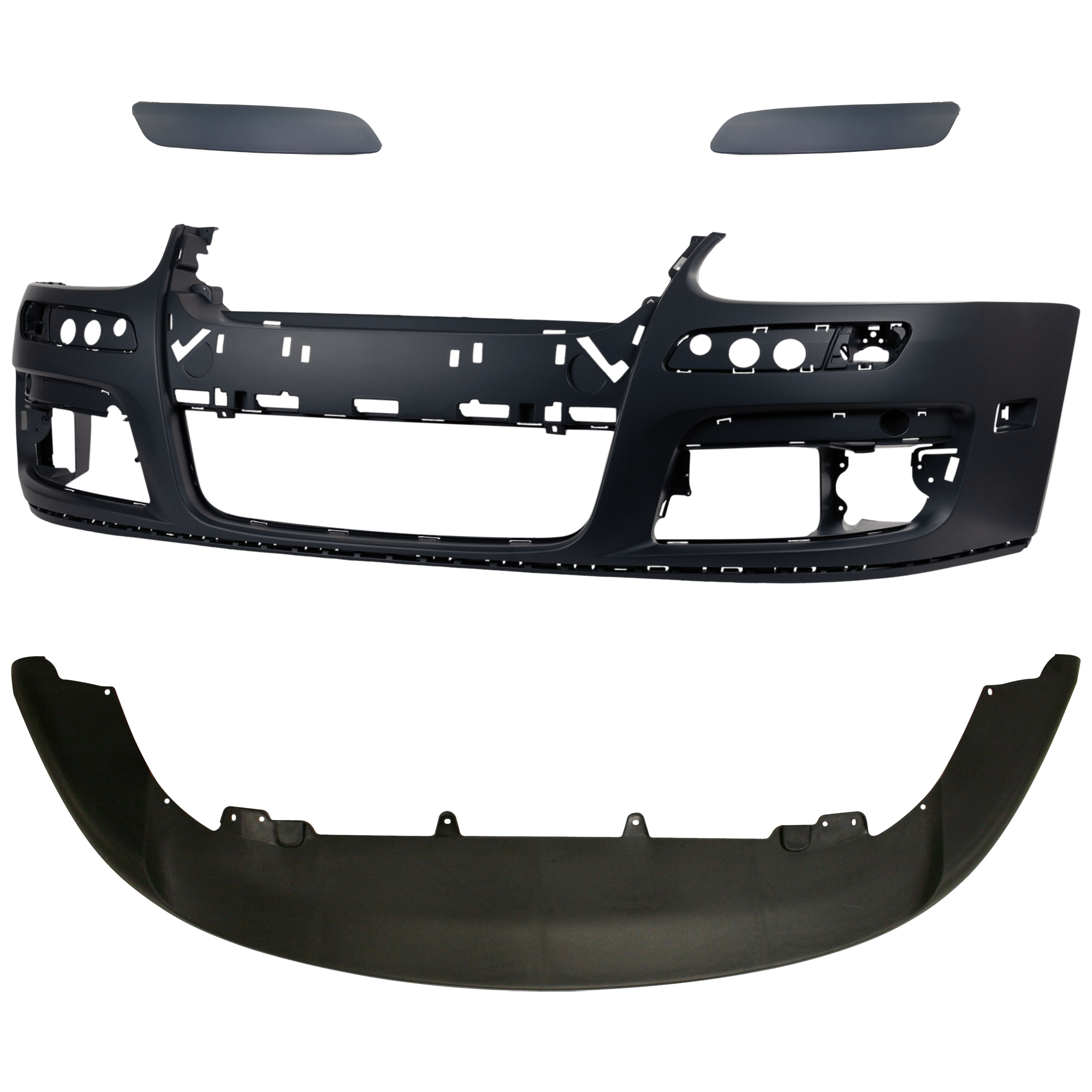 AM JETTA 05-10 FRONT BUMPER COVER Primed 4 pc Kit with Bumper Trim and Valance SKU KIT 072924 C2318 Partslink VW1000161 VW1046105 VW1047105 VW1093108 OEM 1K0807217AGRU 1K0807717BGRU 1K