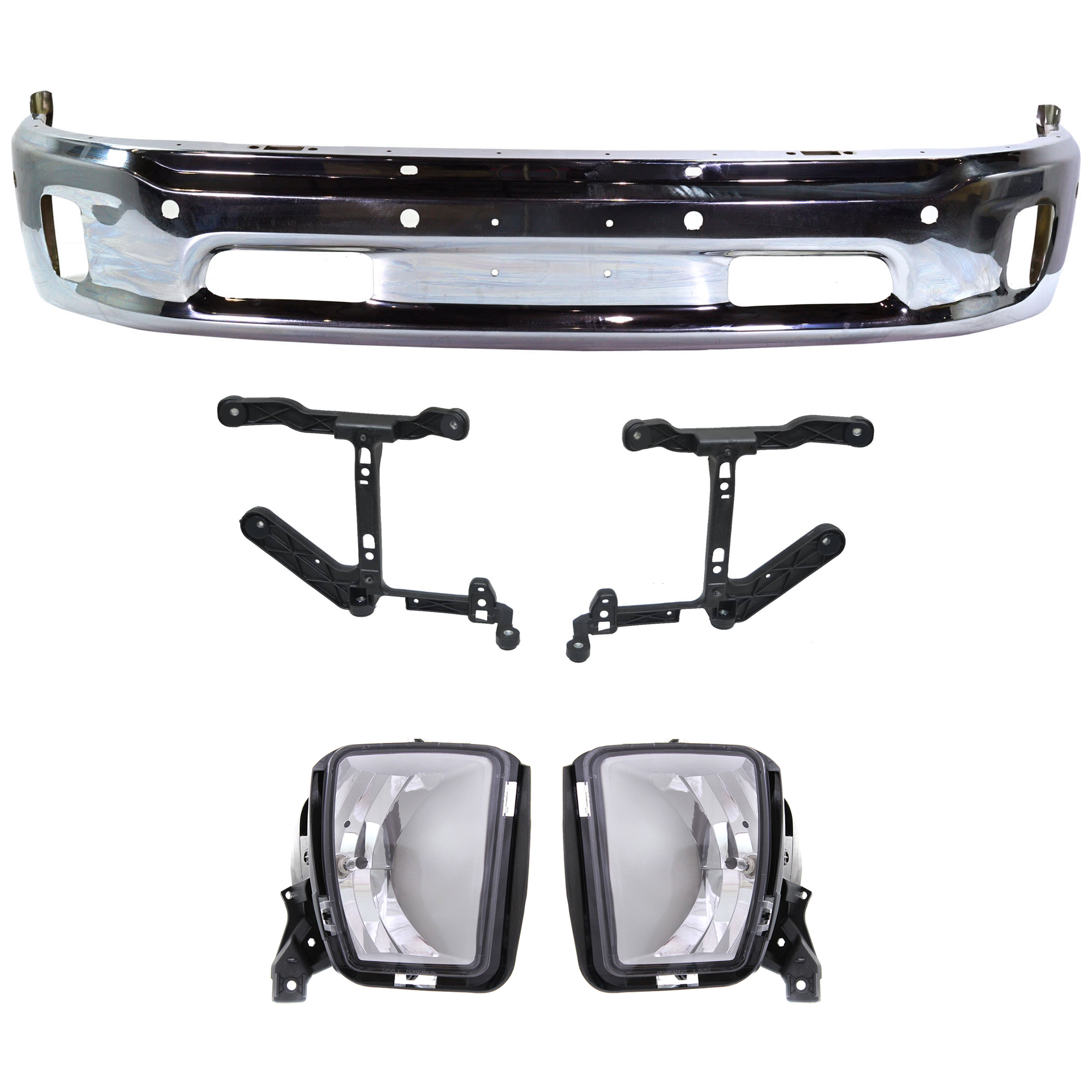 AM RAM 1500-14-18 FRONT BUMPER Lower Chrome 5 pc kit Includes Fog Lights and Bumper Brackets w Parking Aid Sensor Holes Fits 2 pc Type Bumper SKU KIT 072924 C253 Partslink CH1002402 CH1061108 CH2593147 CH2592147 OEM 68160857AA 68232454AA 68104820