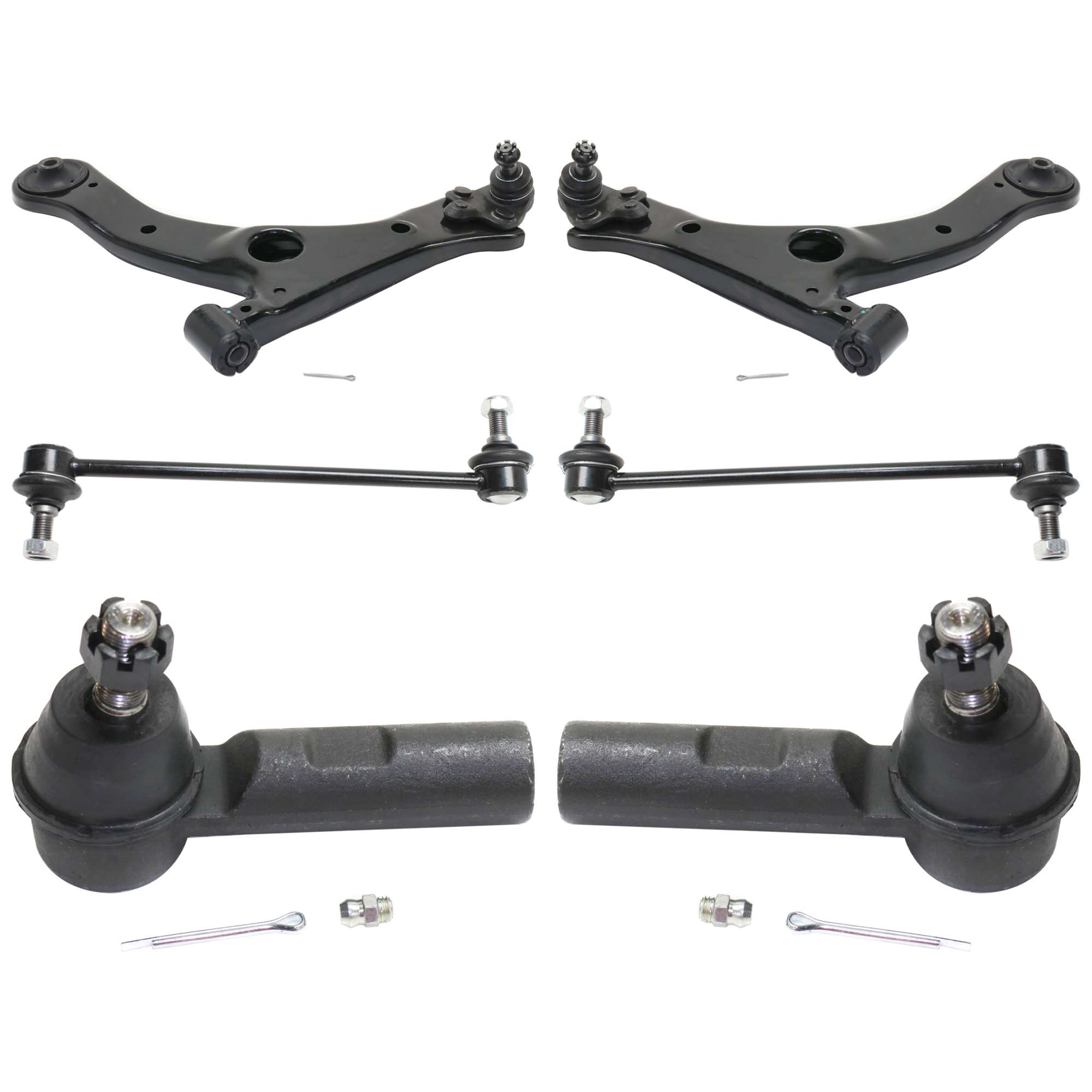 AM COROLLA 14-19 FRONT CONTROL ARM RH AND LH Lower 6 pc Kit with Sway Bar Link and Tie Rod End SKU KIT 072924 C2558 Partslink TO4522101 OEM 4806802300-4806902300-18354-10