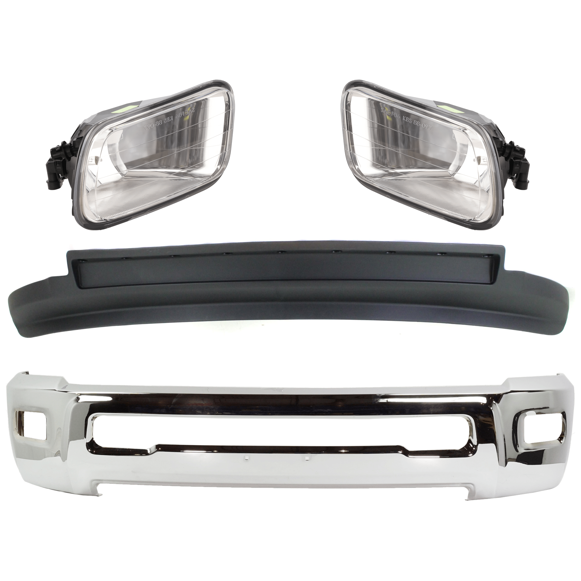 AM RAM 2500-3500 FRONT BUMPER 4 pc kit w Valance and Fog Light SKU KIT 072924 C2739 Partslink CH1002390 CH1090141 OEM 68045698AB 55372735AB PFM 5537