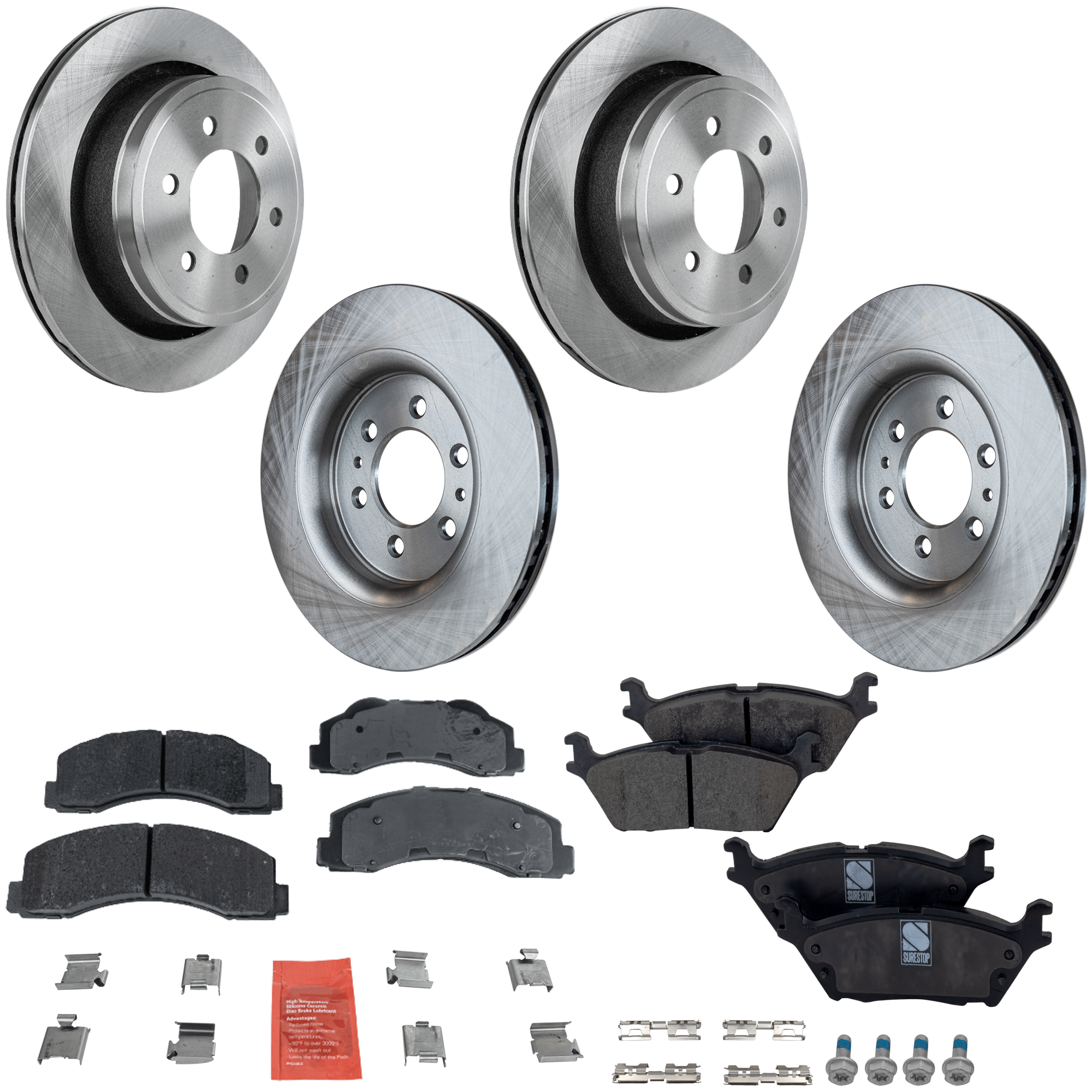 AM F 150-15-17 FRONT AND REAR BRAKE DISC AND PAD KIT 4 Wheel Set SKU KIT 072924 C2828 OEM 7L1Z1125A 9L1Z1125A 8L1Z1125A
