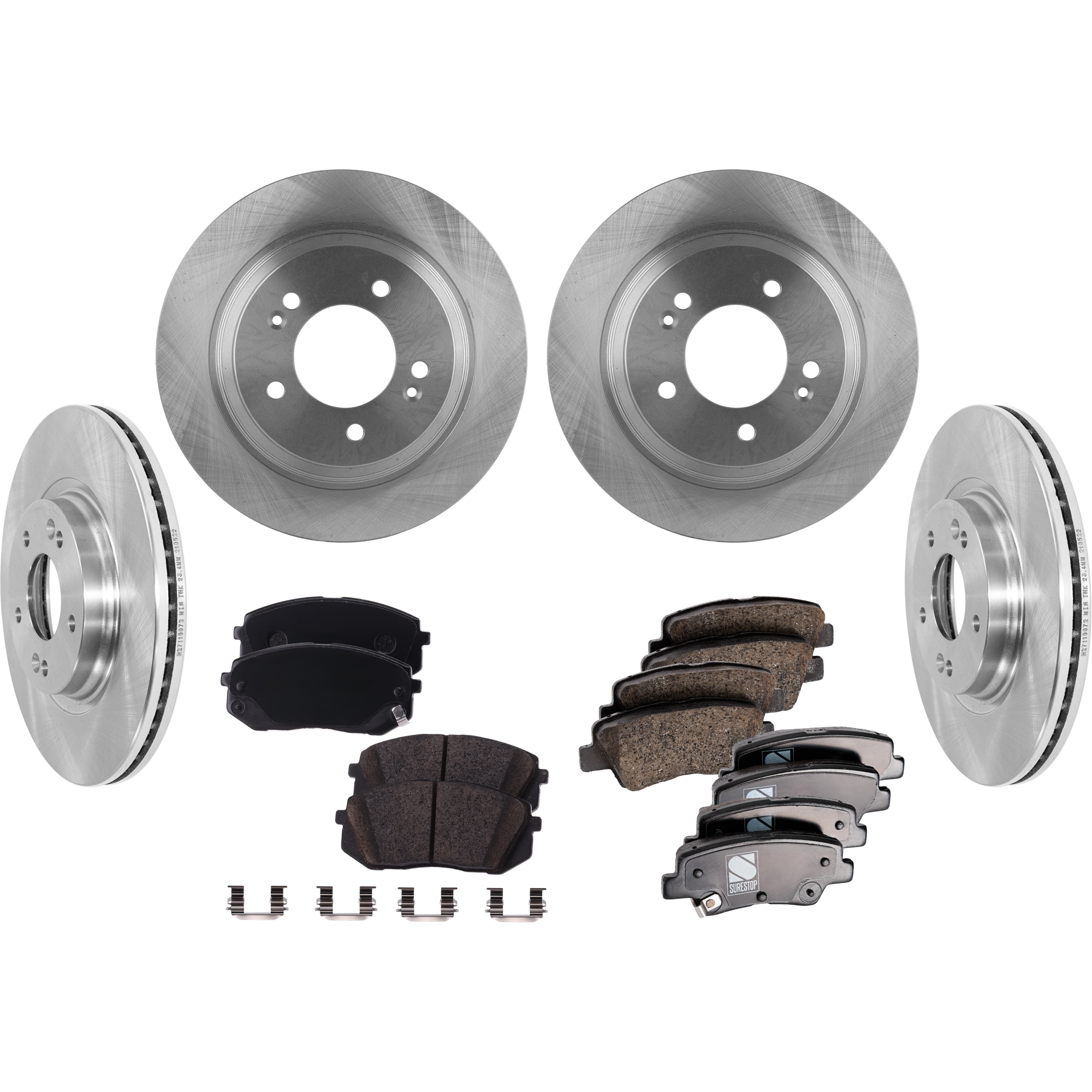 AM ELANTRA GT 18-18 FRONT AND REAR BRAKE DISC AND PAD KIT 8 pc kit SKU KIT 072924 C2918 OEM 44766-850354-60021014-901430G