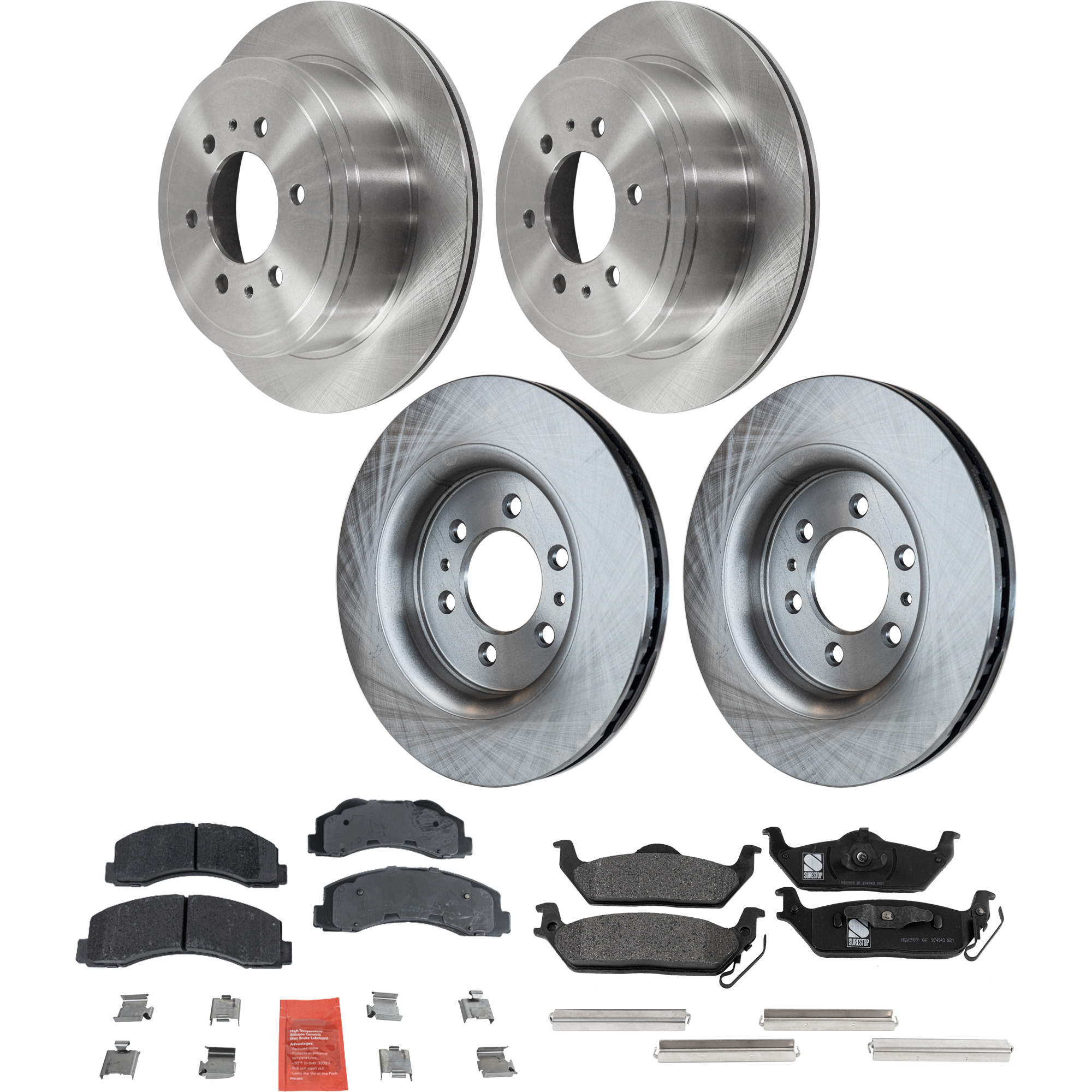 AM F 150-10-11 FRONT AND REAR BRAKE DISC AND PAD kit 8 pc kit SKU KIT 072924 C2945 OEM 7L1Z1125A 9L1Z1125A 8L1Z1125A