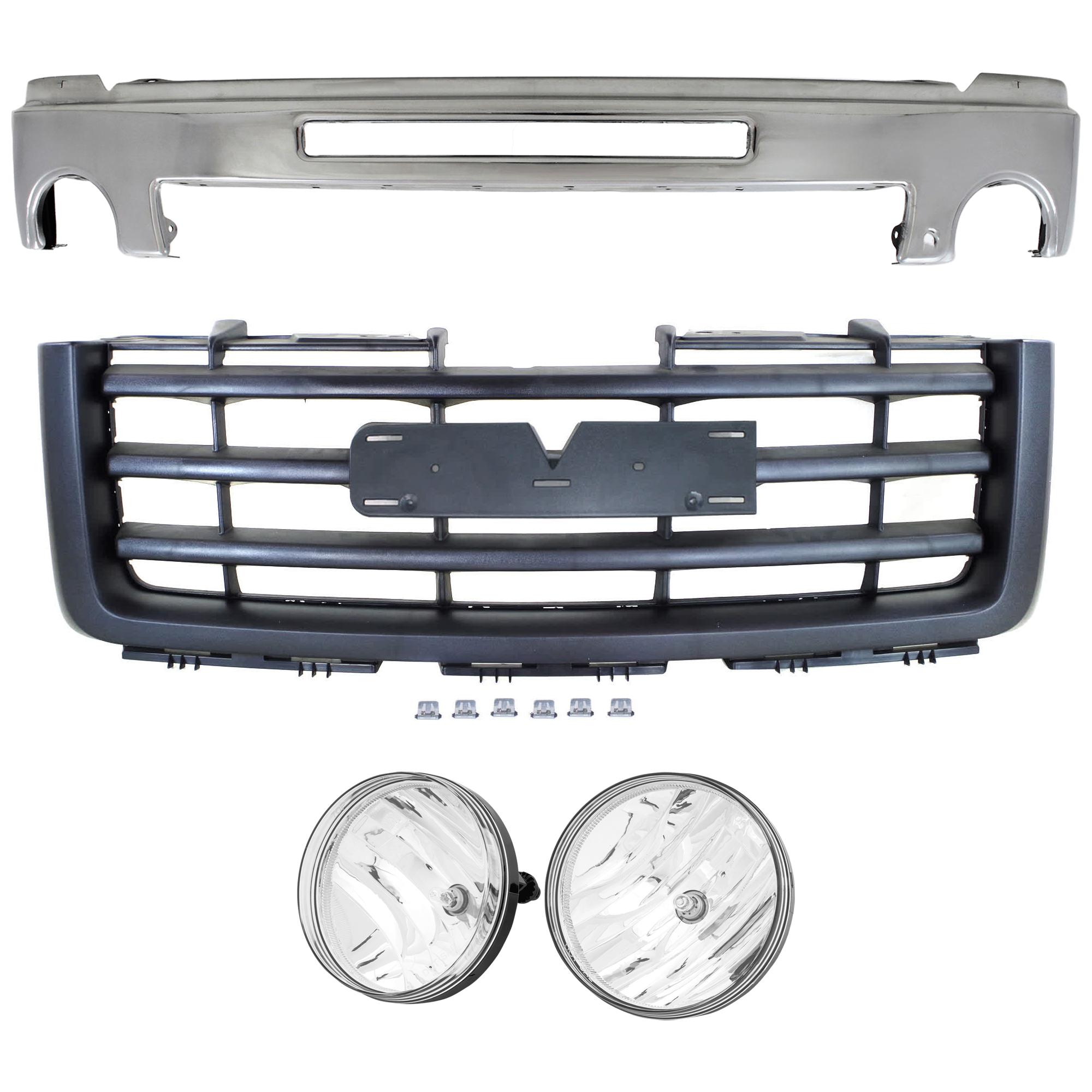 AM SIERRA 1500-07-13 FRONT BUMPER 4 pc kit w Grille Assembly and Fog Light SKU KIT 072924 C2966 Partslink GM1002834 GM2593161 GM2592161 GM1200583 OEM 15902856-25866496-25866495-227
