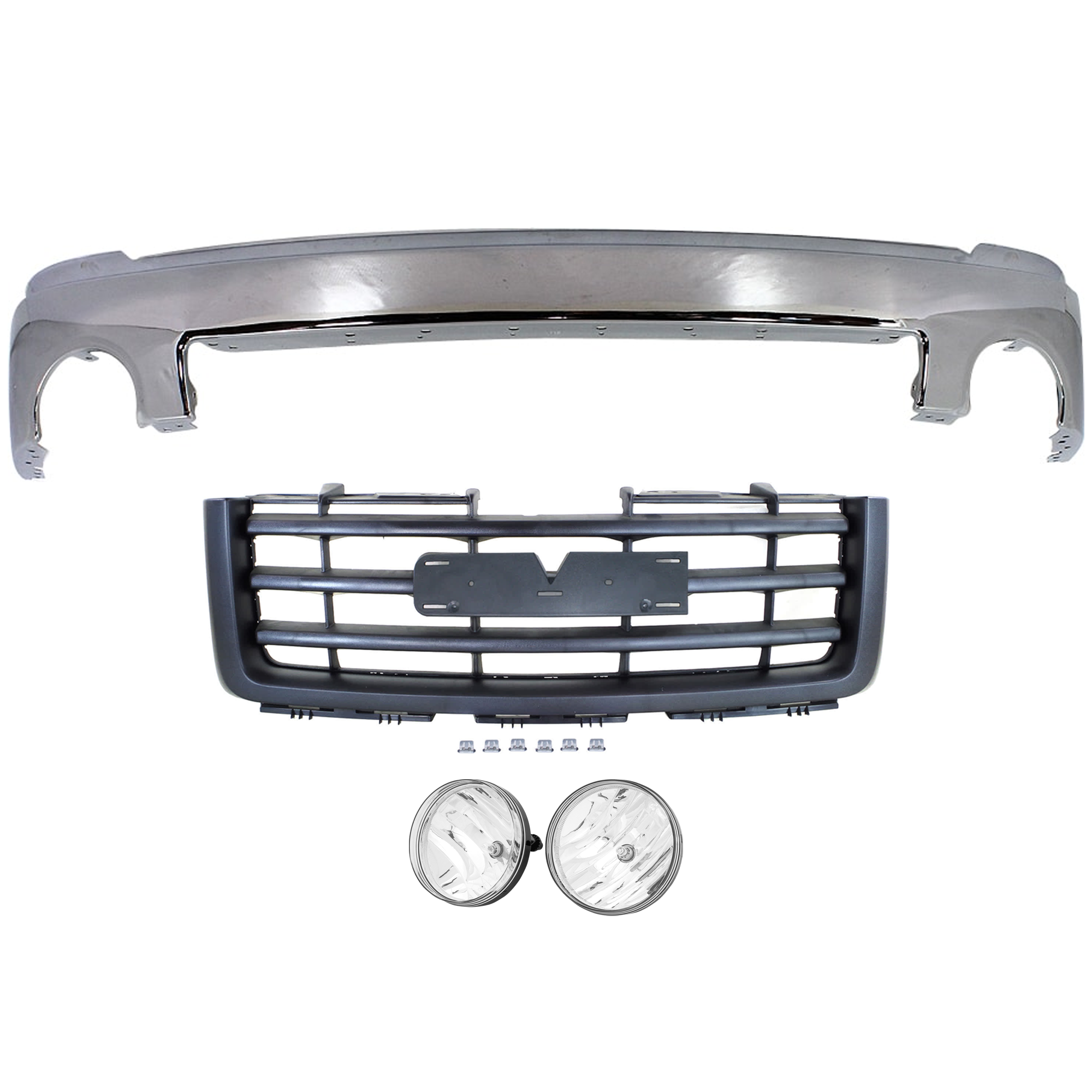 AM SIERRA 1500-07-13 FRONT BUMPER 4 pc kit w Grille Assembly and Fog Light SKU KIT 072924 C2967 Partslink GM1002833 GM2593161 GM2592161 GM1200583 OEM 15901505-25866496-25866495-227