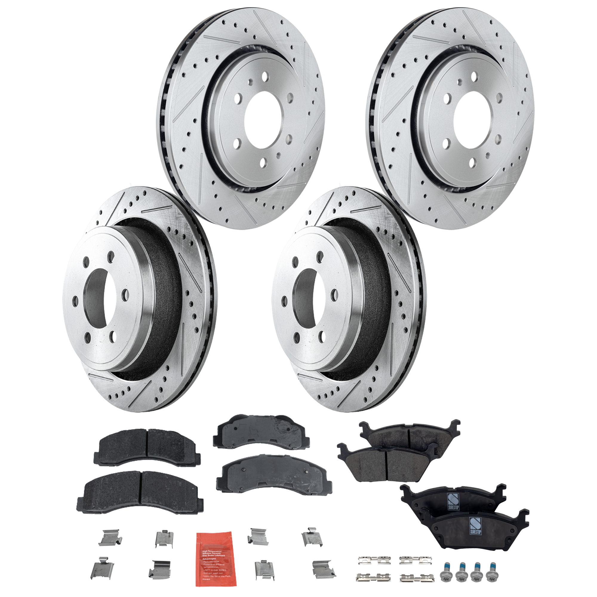 AM F 150-15-17 FRONT AND REAR BRAKE DISC AND PAD KIT 4 Wheel Set SKU KIT 072924 C2971 OEM 42281-850309-60054220-680976R
